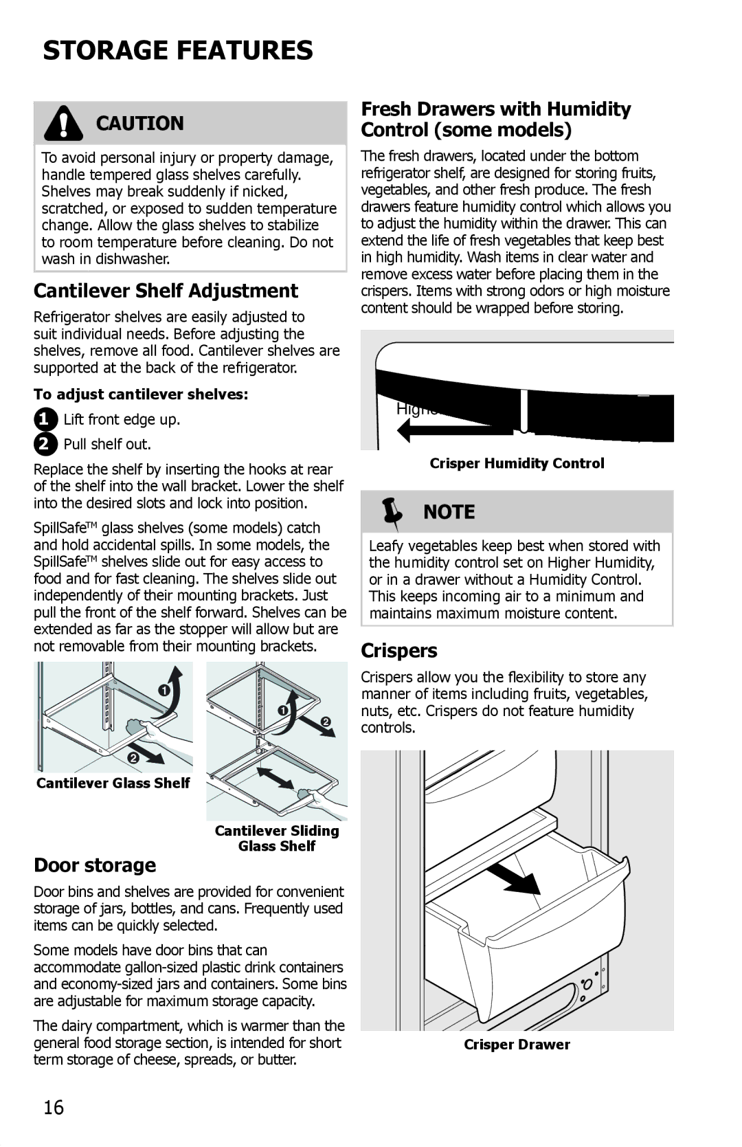 Frigidaire FFSS2614QP important safety instructions Storage Features, Cantilever Shelf Adjustment, Door storage, Crispers 