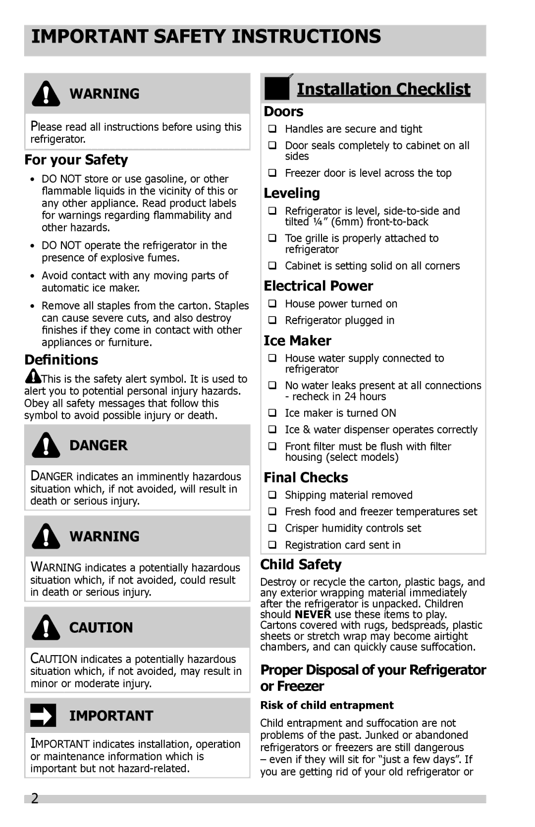 Frigidaire FFSS2614QP important safety instructions Important Safety Instructions 