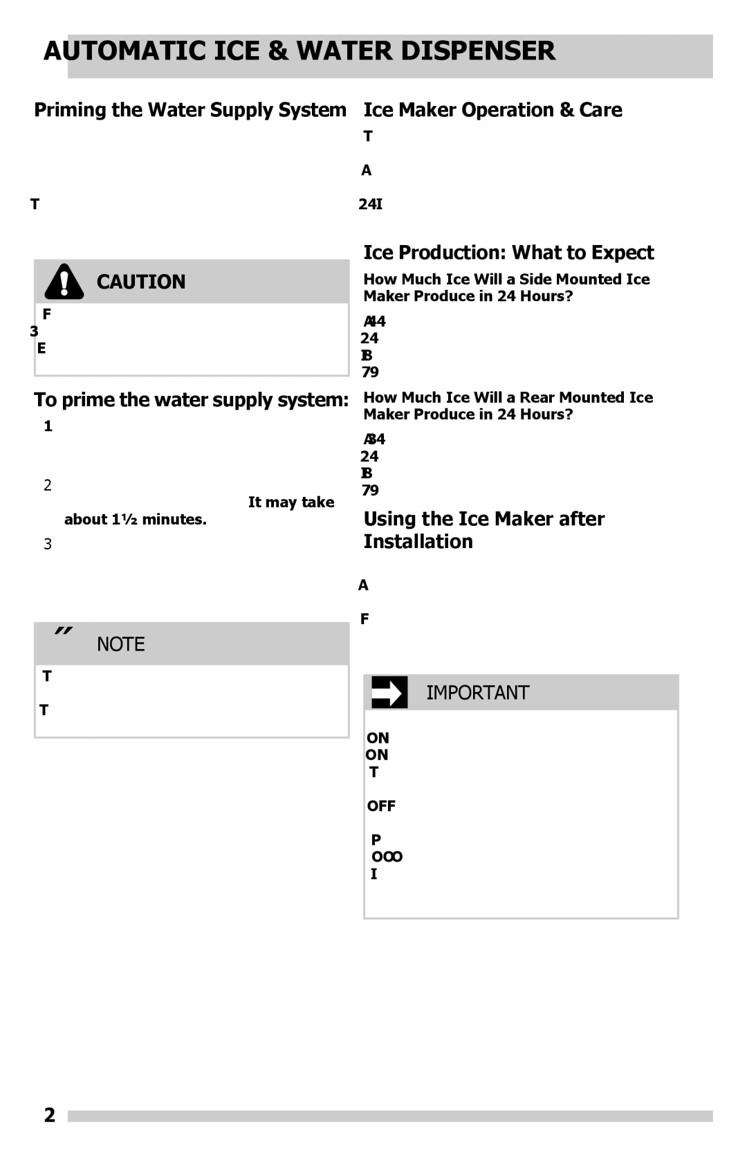 Frigidaire FFSS2614QP Priming the Water Supply System, To prime the water supply system, Ice Maker Operation & Care 