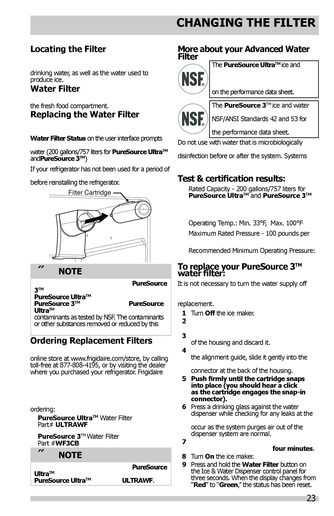 Frigidaire FFSS2614QP important safety instructions Changing the Filter 