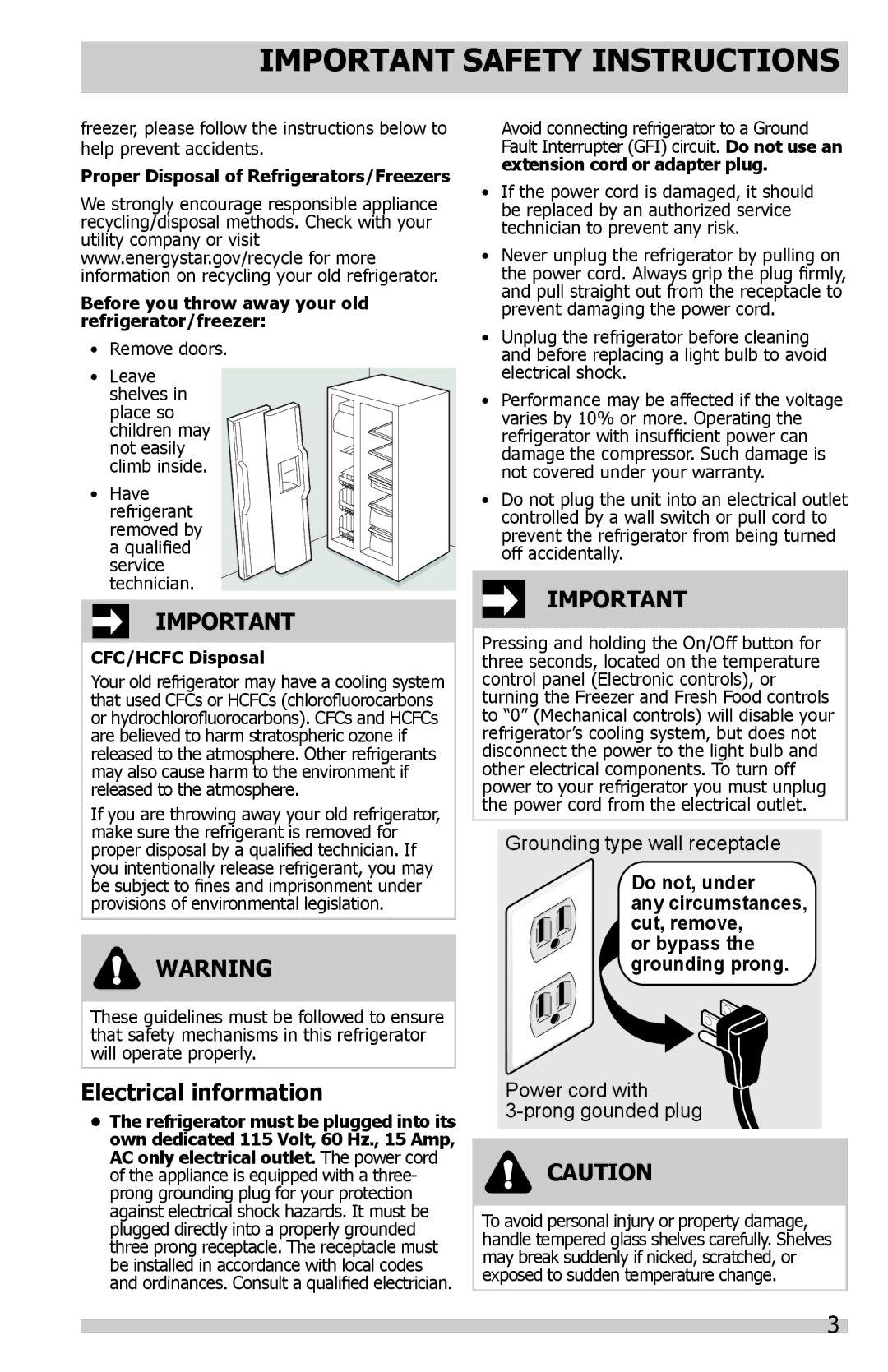 Frigidaire FFSS2614QP important safety instructions Electrical information, CFC/HCFC Disposal 