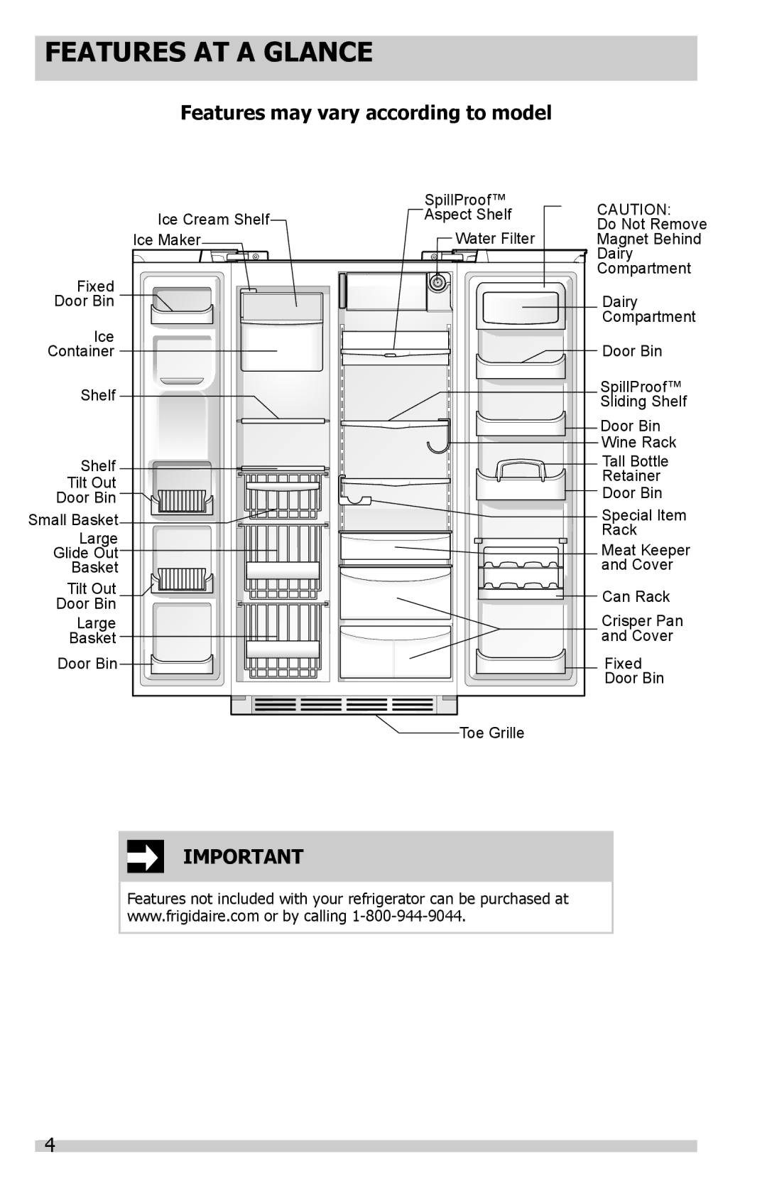 Frigidaire FFSS2614QP important safety instructions Features AT a Glance, Features may vary according to model 