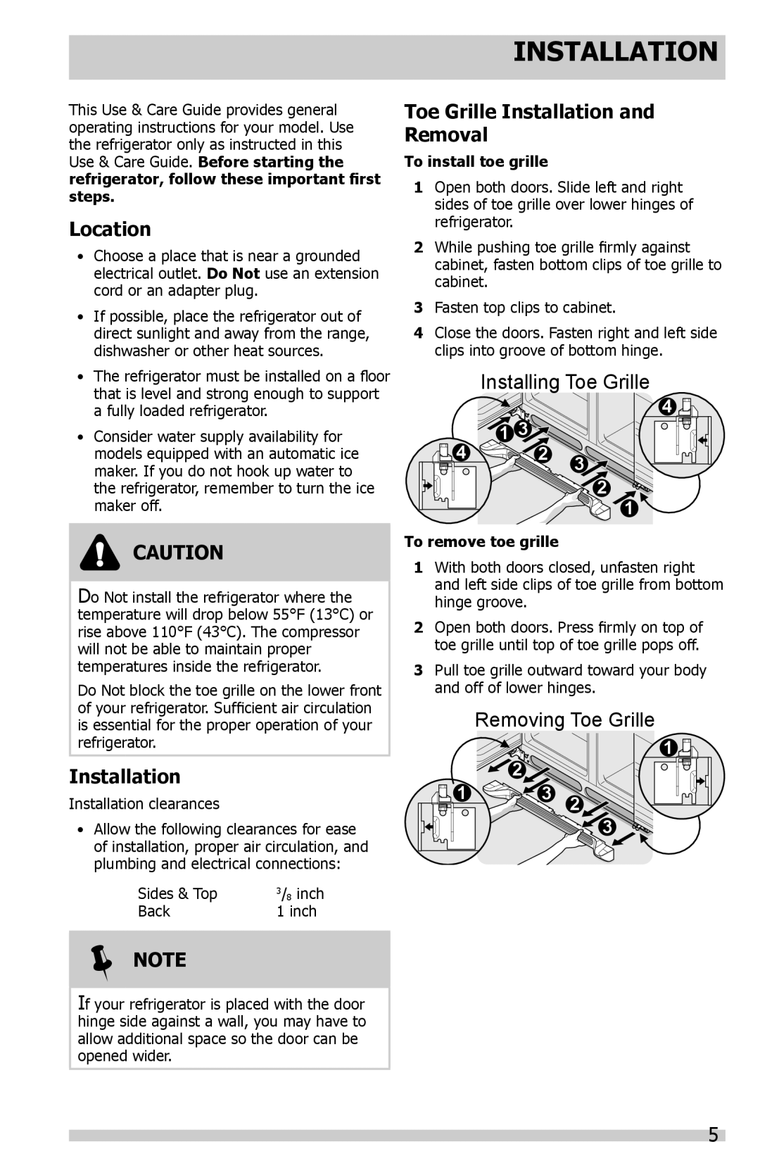 Frigidaire FFSS2614QP important safety instructions Location,  Note, Toe Grille Installation and Removal 