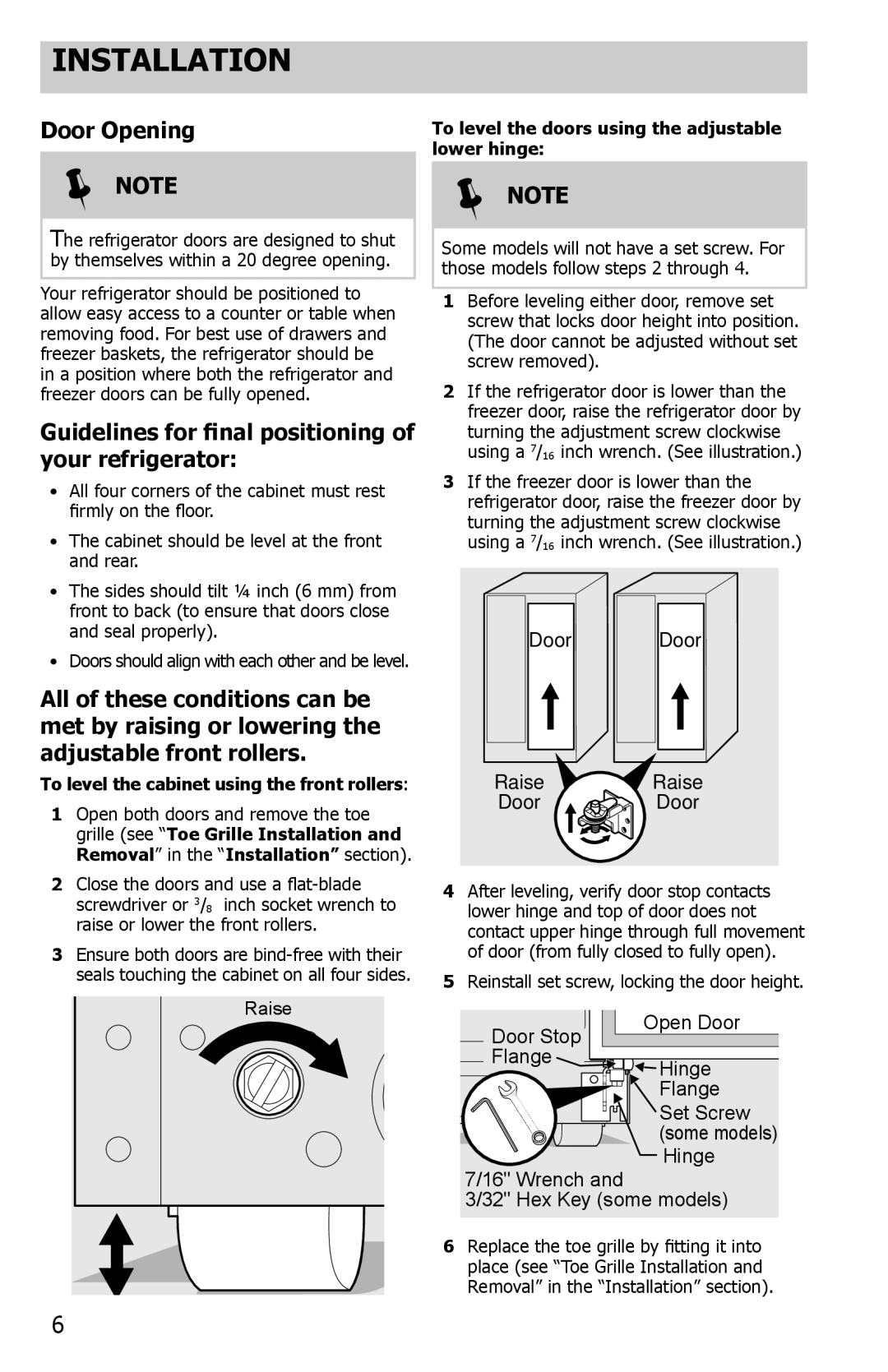 Frigidaire FFSS2614QP important safety instructions Door Opening, Guidelines for final positioning of your refrigerator 