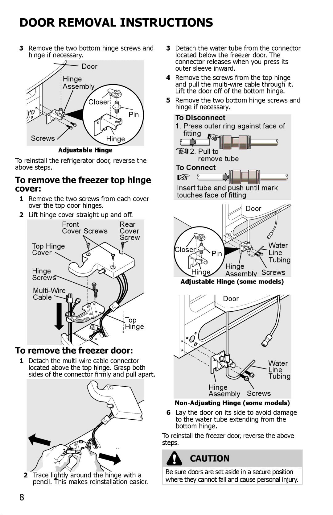 Frigidaire FFSS2614QP important safety instructions To remove the freezer top hinge cover, To remove the freezer door 