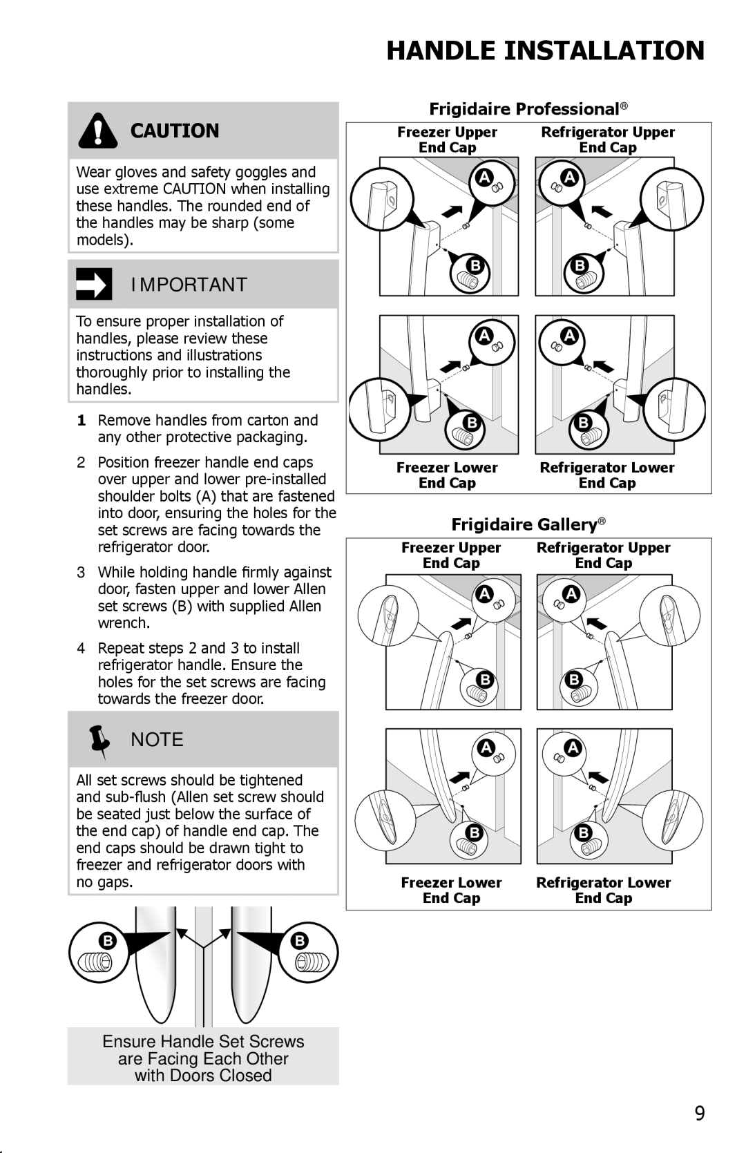 Frigidaire FFSS2614QP important safety instructions Handle Installation,  Note 