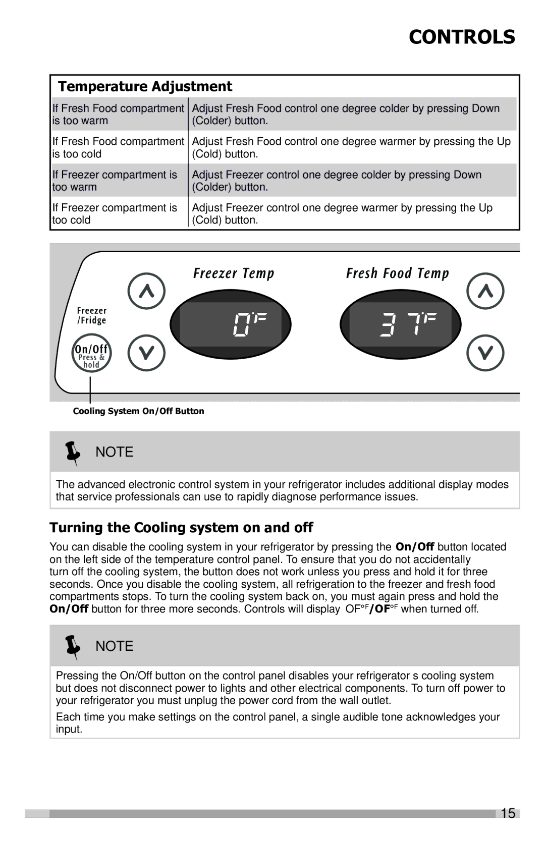 Frigidaire FFSS2614QS, FFSS2614QE, FFHS2622MS3 manual Temperature Adjustment, Turning the Cooling system on and off 