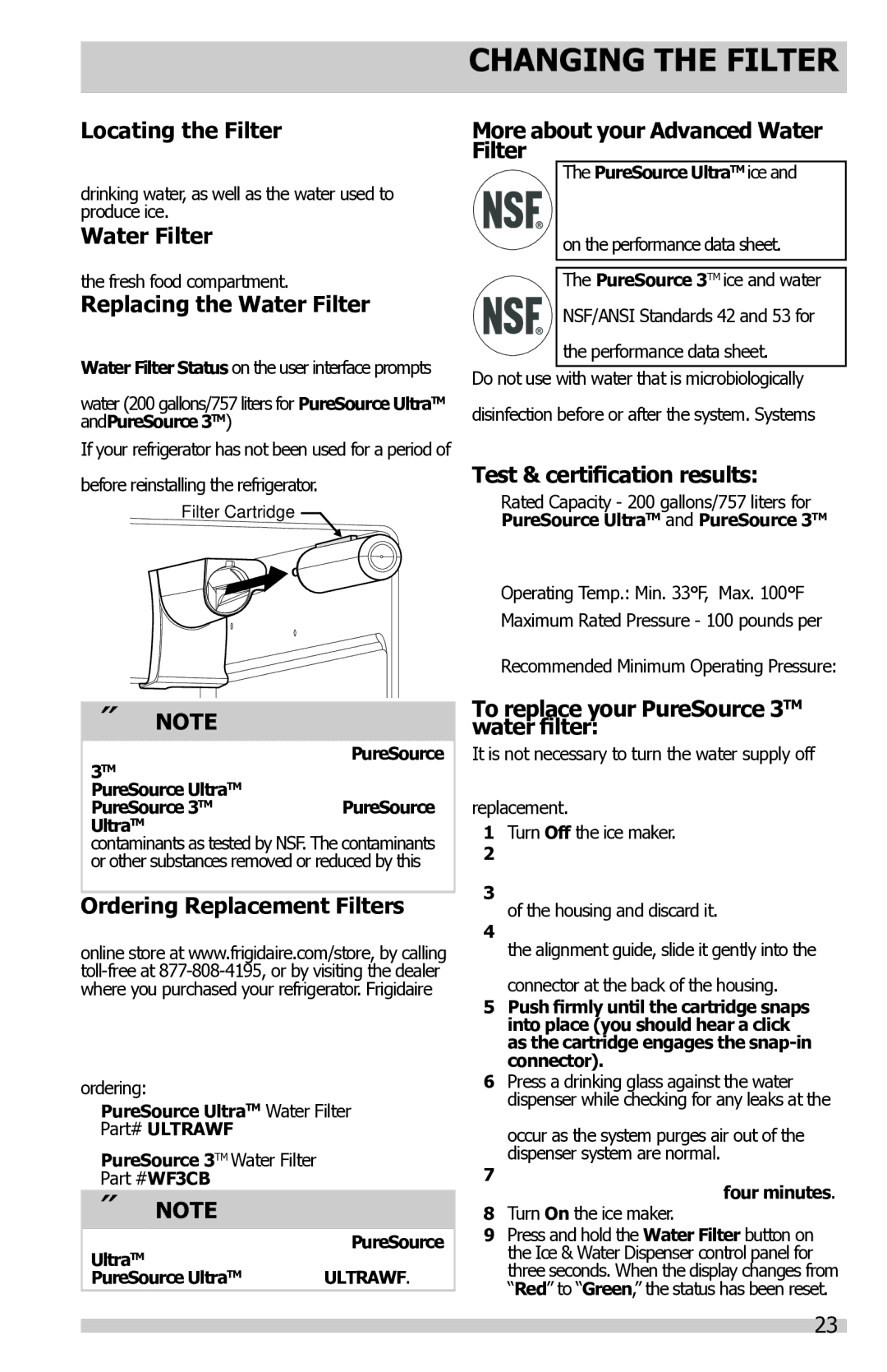 Frigidaire FFSS2614QS, FFSS2614QE, FFHS2622MS3 manual Changing the Filter 