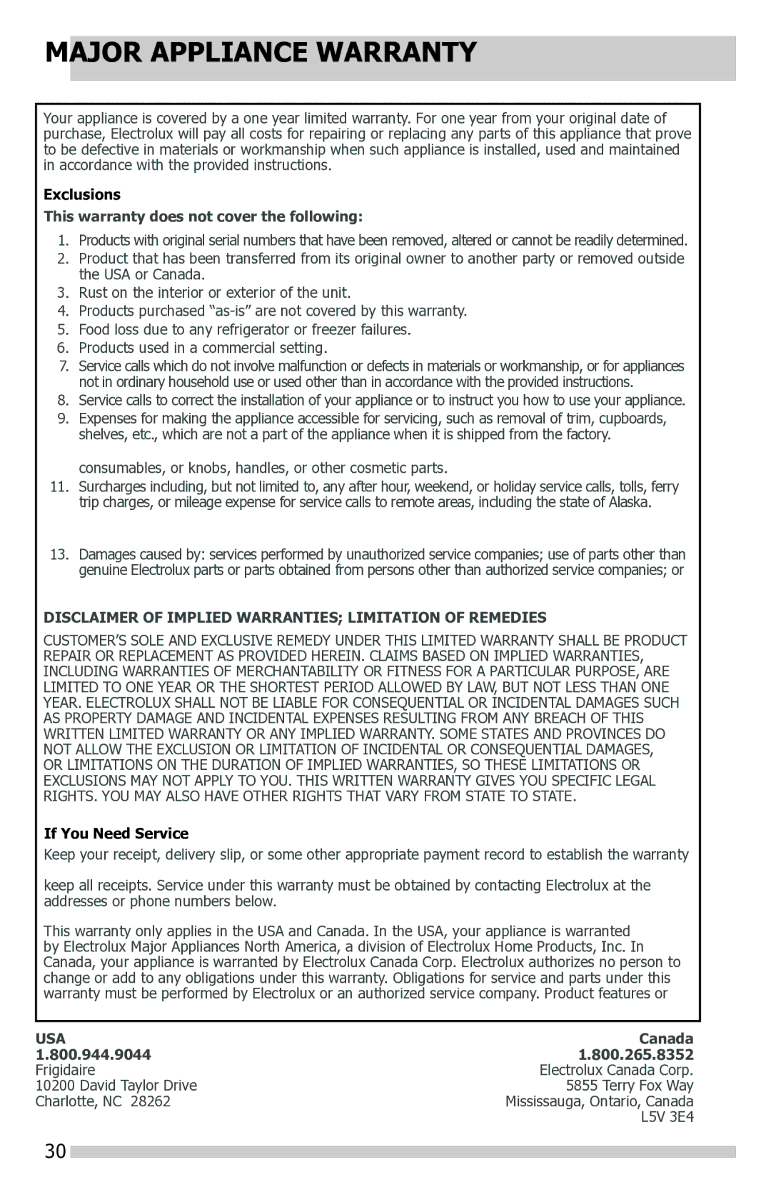 Frigidaire FFHS2622MS3, FFSS2614QS manual Major Appliance Warranty, Exclusions This warranty does not cover the following 