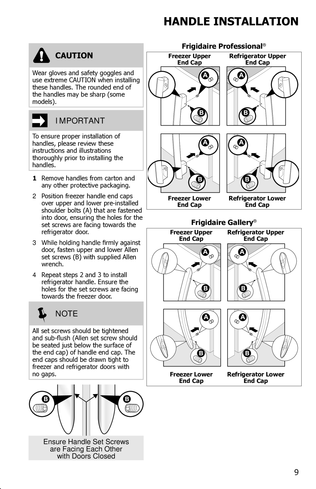 Frigidaire FFSS2614QE, FFSS2614QS, FFHS2622MS3 manual Handle Installation,  Note 