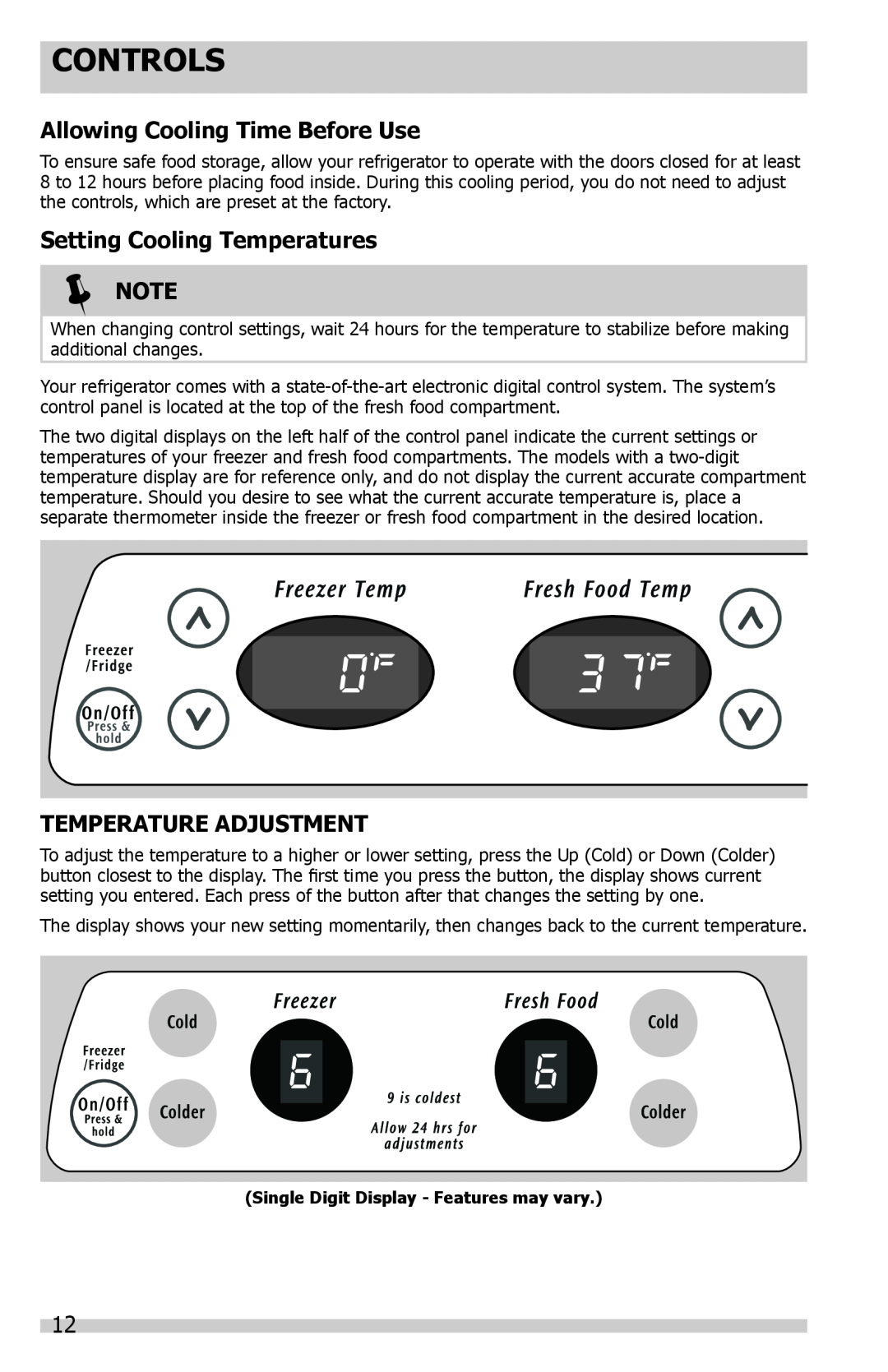 Frigidaire FFSS2614QS, FFSS2614QE, FFHS2622 Controls, Allowing Cooling Time Before Use, Setting Cooling Temperatures  NOTE 
