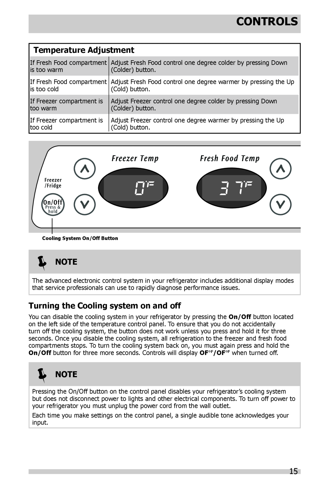 Frigidaire FFHS2622, FFSS2614QS, FFSS2614QE Temperature Adjustment, Turning the Cooling system on and off, Controls,  Note 