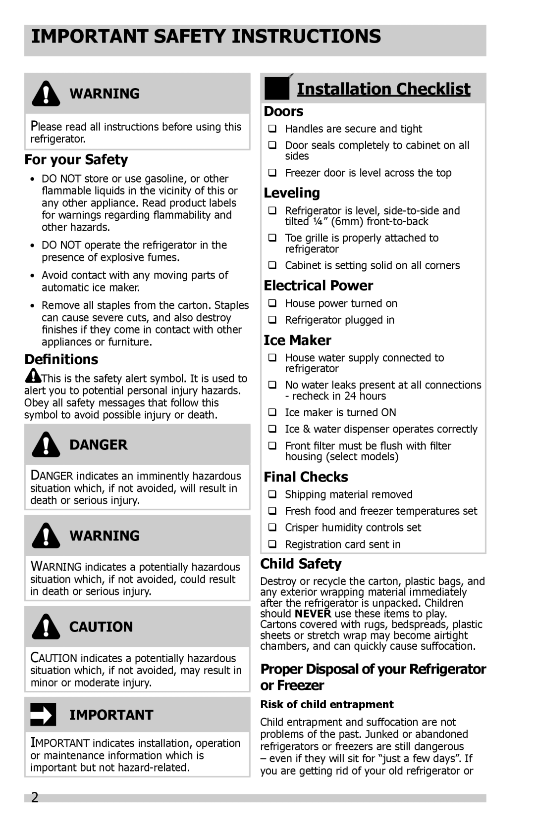 Frigidaire FFHS2622MS3 Important Safety Instructions, For your Safety, Definitions, Danger, Doors, Leveling, Ice Maker 