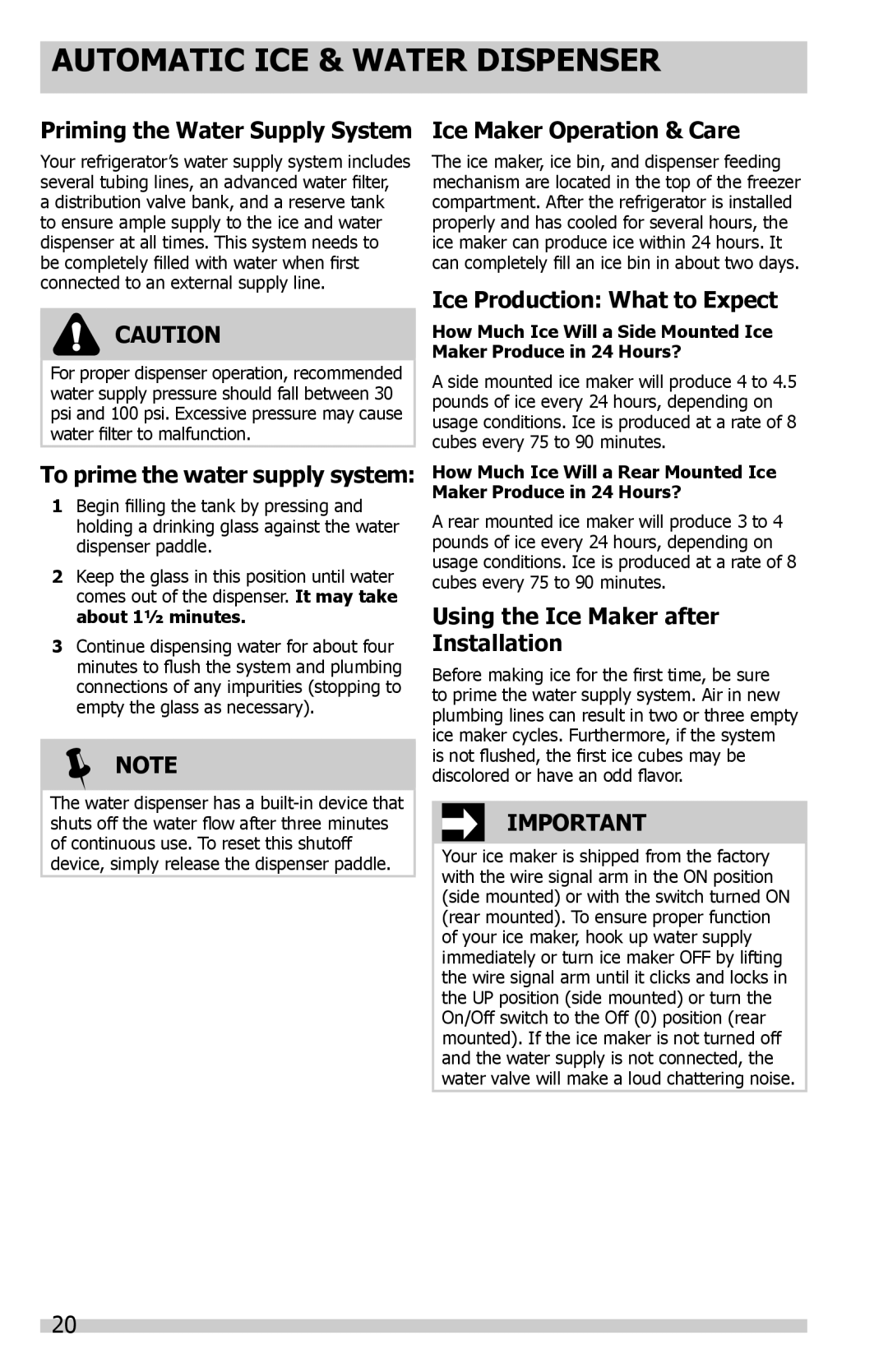 Frigidaire FFSS2614QS manual Priming the Water Supply System, To prime the water supply system, Ice Maker Operation & Care 