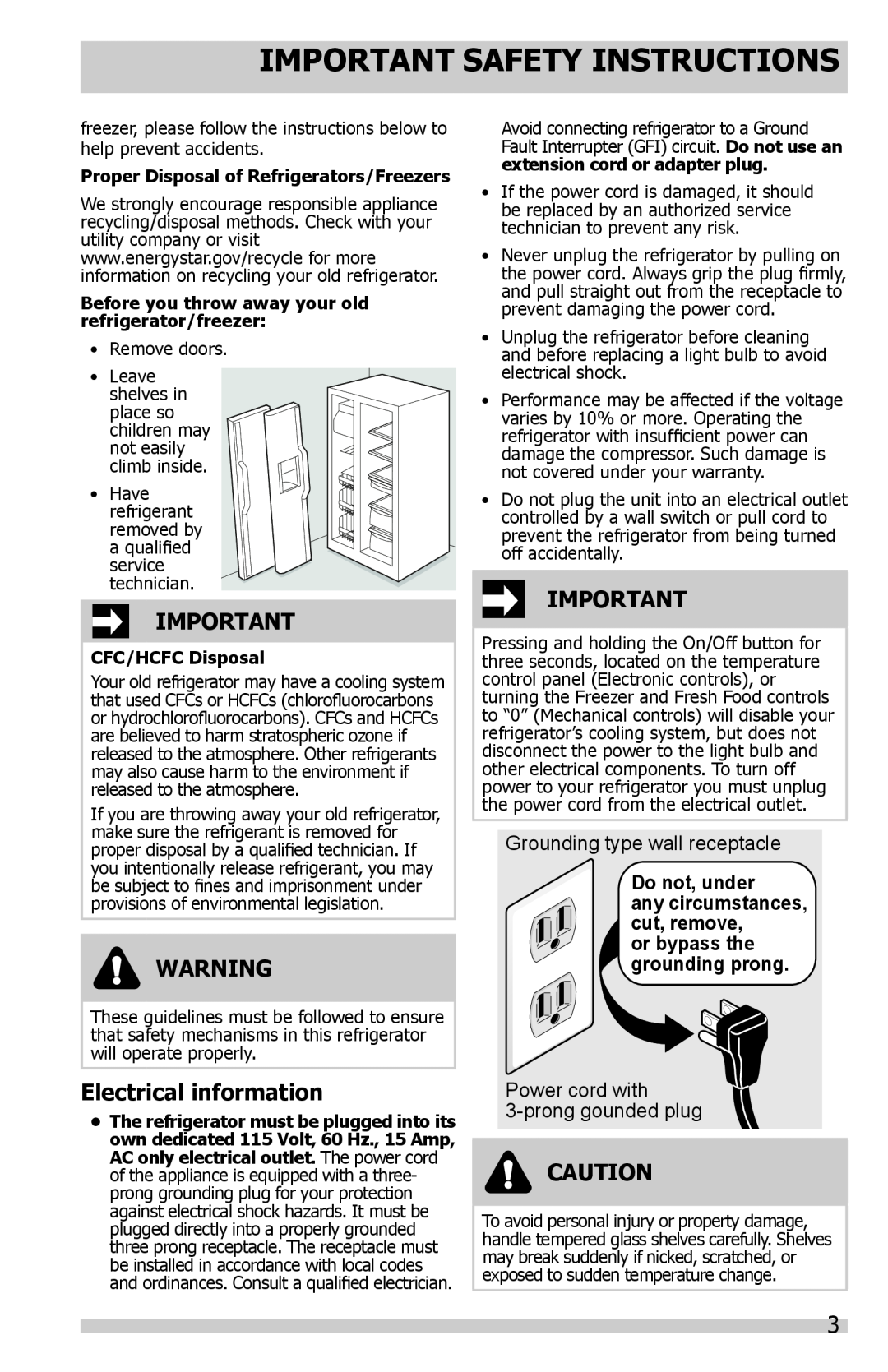 Frigidaire FFHS2622 Electrical information, Do not, under, or bypass the grounding prong, Important Safety Instructions 