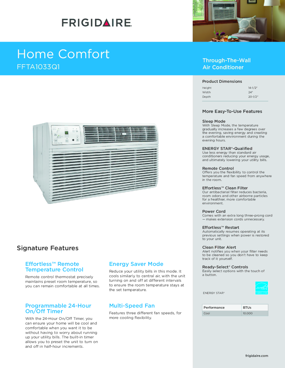 Frigidaire FFTA1033Q1 dimensions Effortless Remote Temperature Control, Energy Saver Mode, Multi-Speed Fan 