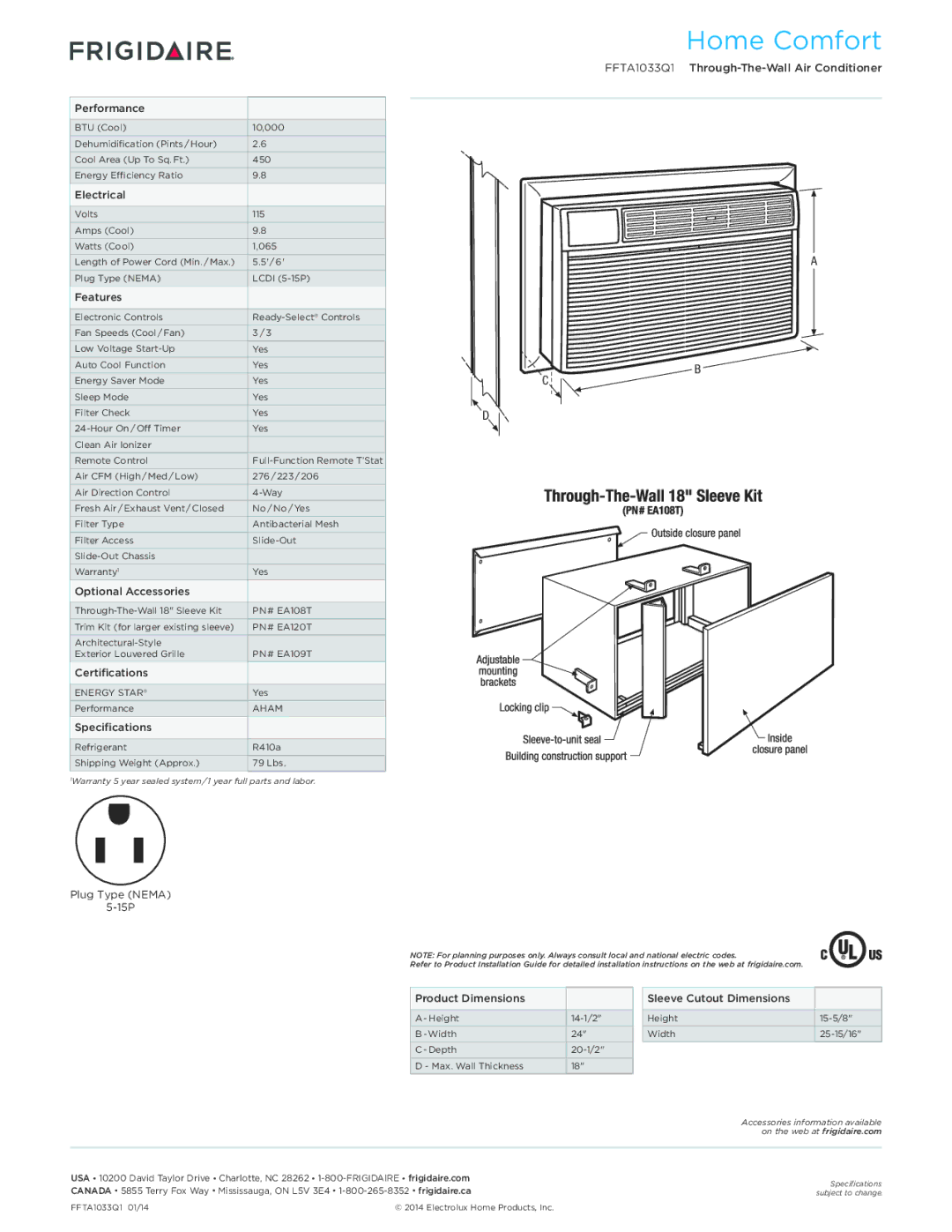 Frigidaire FFTA1033Q1 dimensions Performance, Electrical, Features, Optional Accessories, Certifications, Specifications 