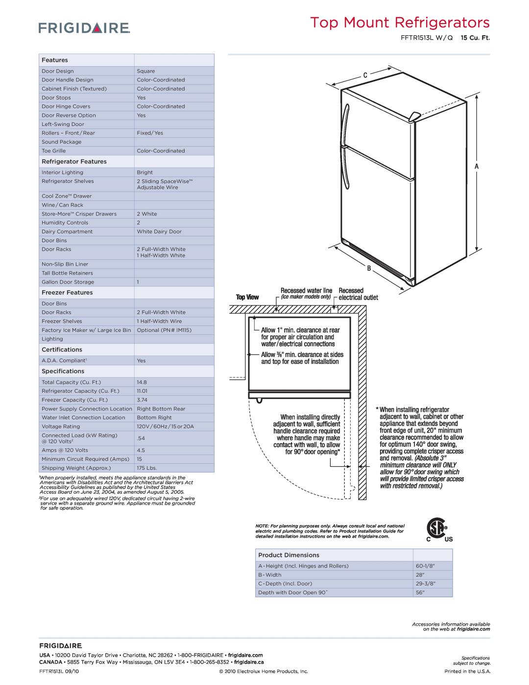 Frigidaire FFTR1513L W/Q Top Mount Refrigerators, FFTR1513L W / Q 15 Cu. Ft, Refrigerator Features, Freezer Features 
