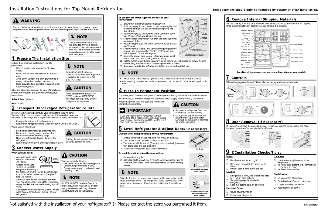 Frigidaire 240568304, FFTR1814LB manual Note,  Note 