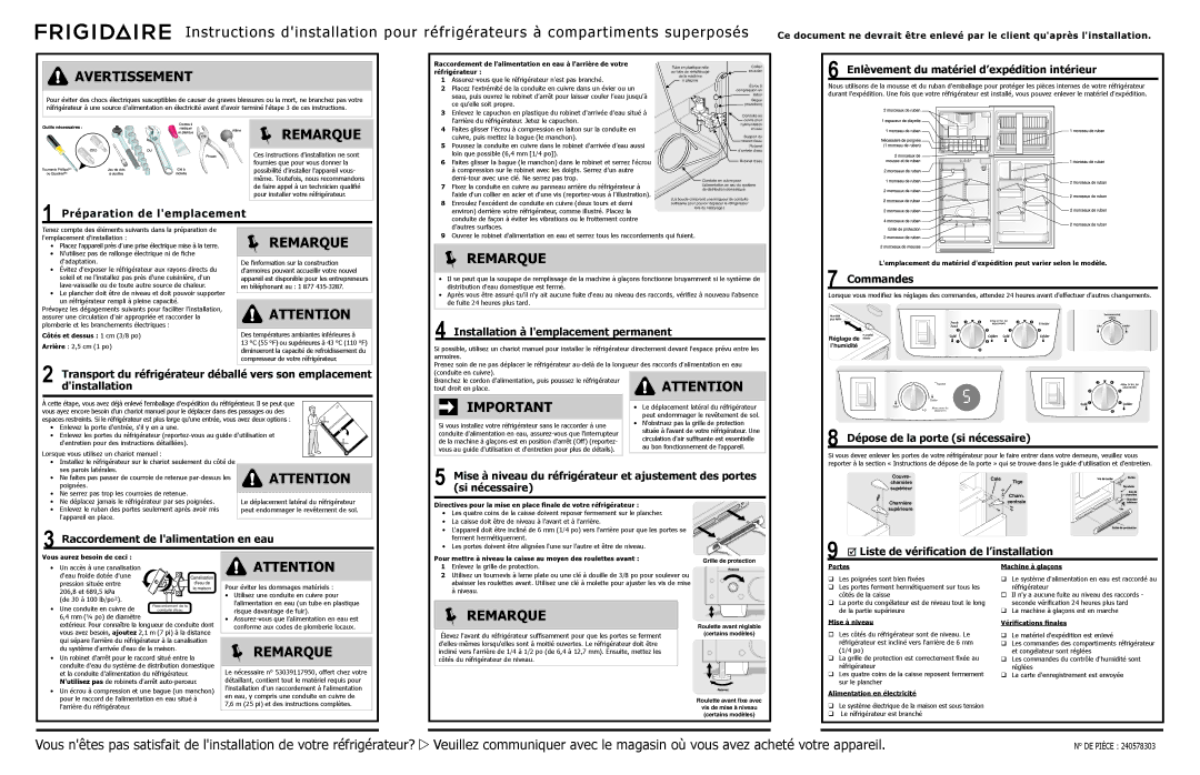 Frigidaire 240568304, FFTR1814LB manual Avertissement,  Remarque, Remarque 