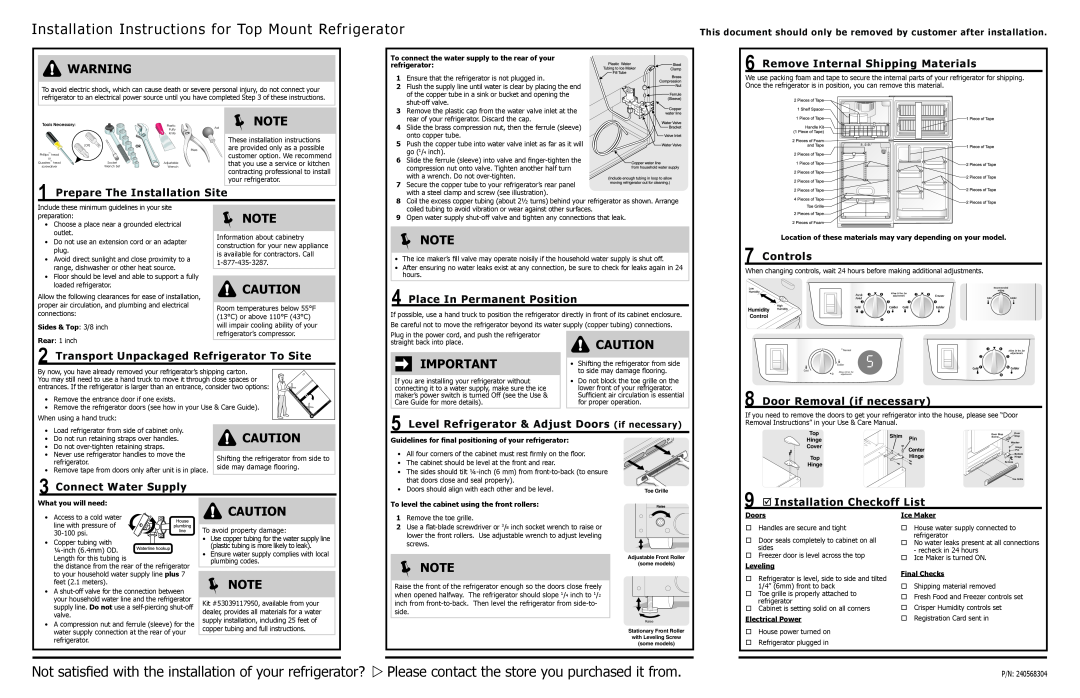 Frigidaire 240568304, FFTR1814LB manual Installation Instructions for Top Mount Refrigerator, Note,  Note, Controls 