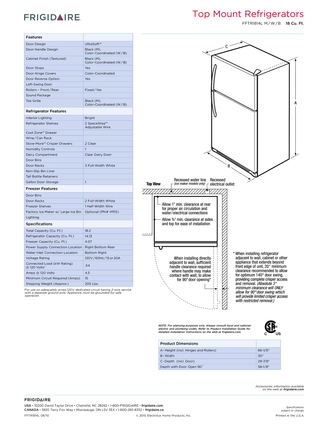 Frigidaire FFTR1814B, FFTR1814W, FFTR1814M Refrigerator Features, Freezer Features, Specifications, Product Dimensions 