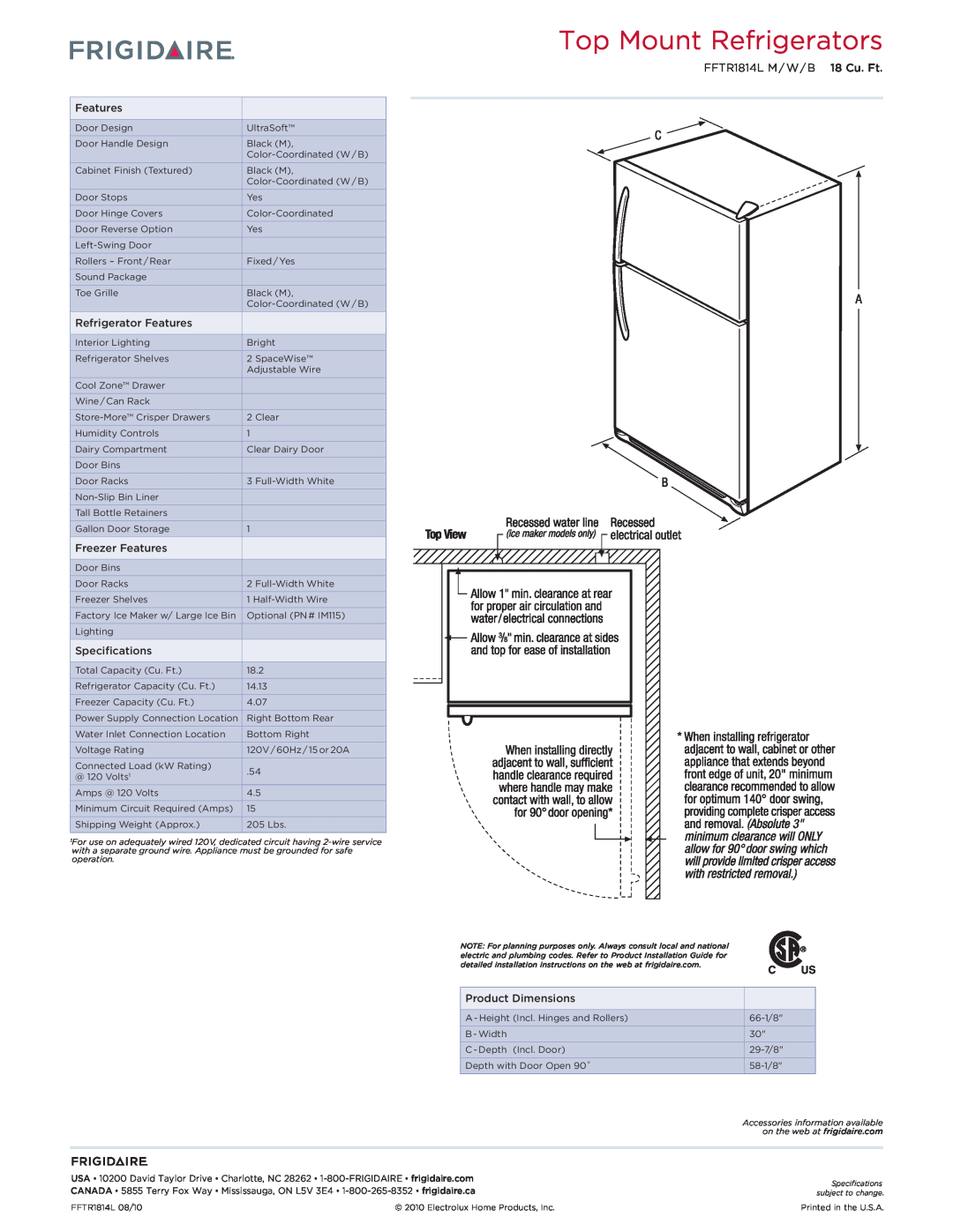 Frigidaire FFTR1814B Top Mount Refrigerators, FFTR1814L M / W / B 18 Cu. Ft, Refrigerator Features, Freezer Features 