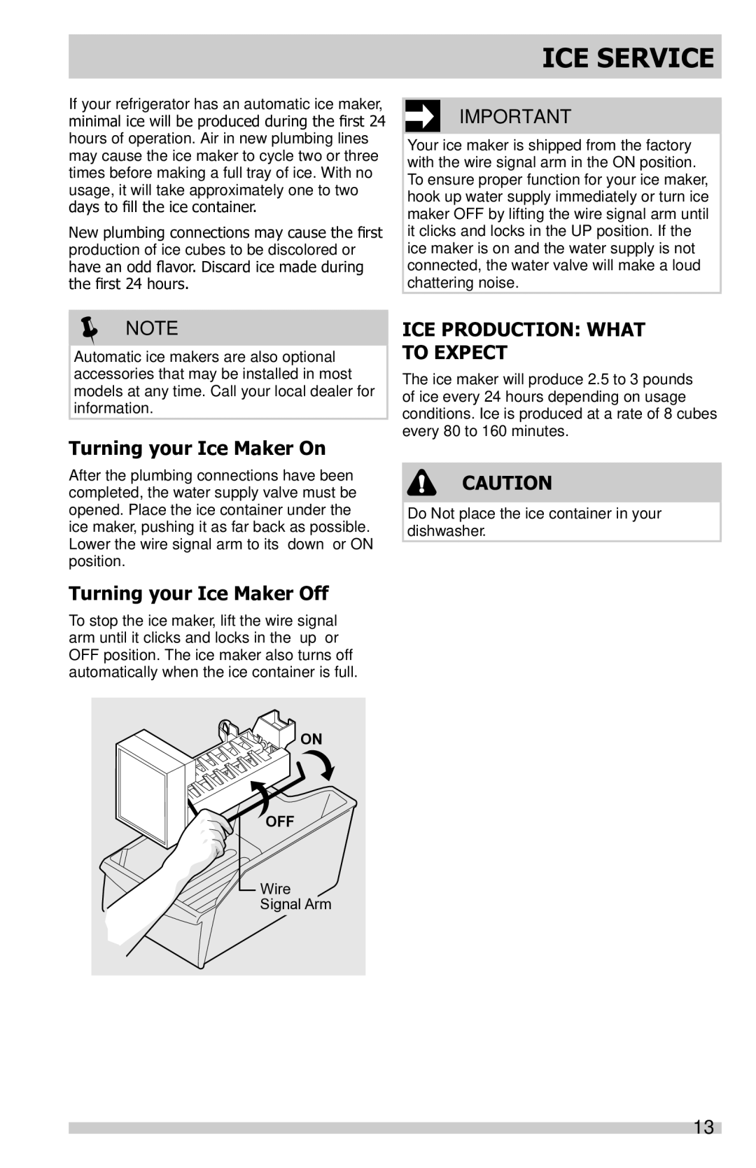 Frigidaire FFTR1821QB, FFTR1821QS, FFTR1821QW ICE Service, Turning your Ice Maker On, Turning your Ice Maker Off 