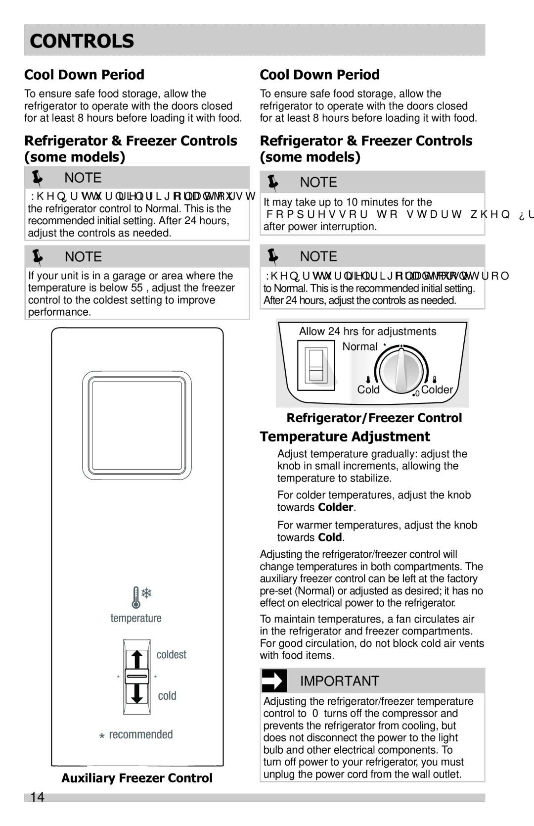 Frigidaire FFTR1821QW Cool Down Period, Refrigerator & Freezer Controls some models, Temperature Adjustment 