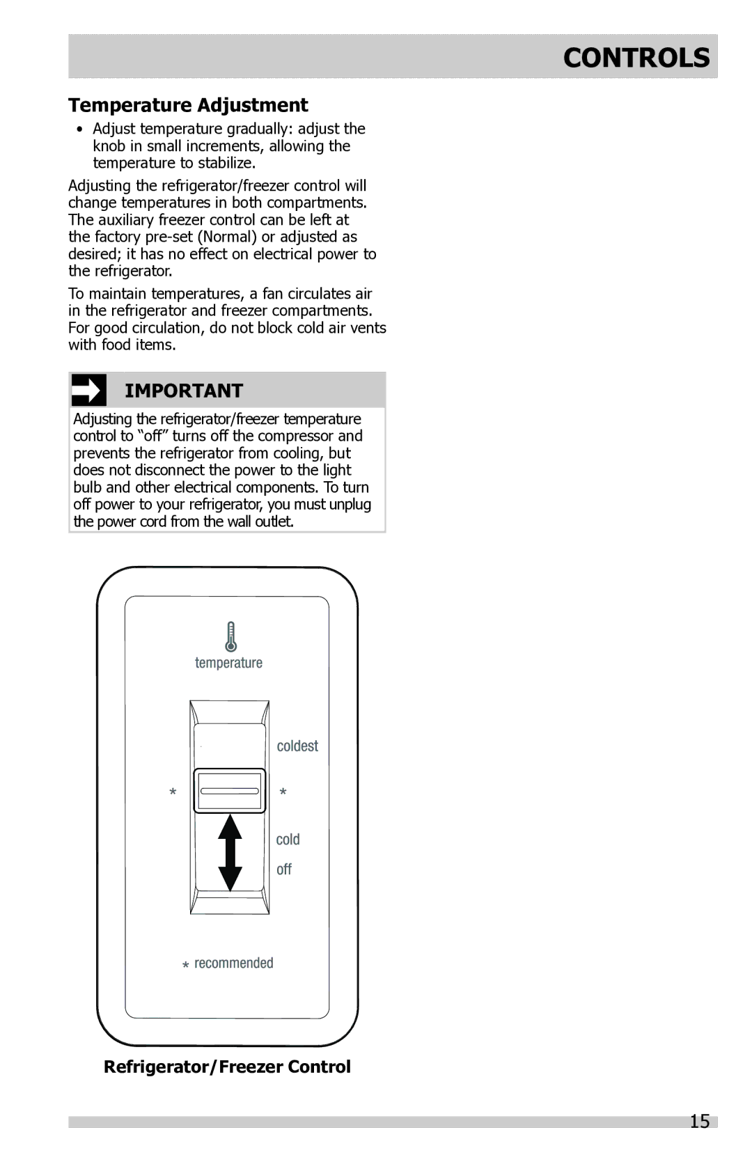 Frigidaire FFTR1821QS, FFTR1821QB, FFTR1821QW important safety instructions Controls 