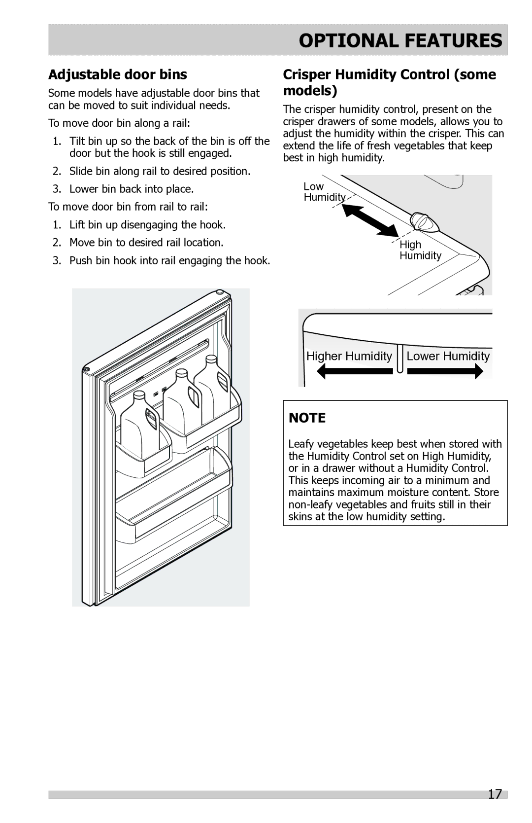 Frigidaire FFTR1821QW, FFTR1821QS, FFTR1821QB Adjustable door bins, Crisper Humidity Control some models 