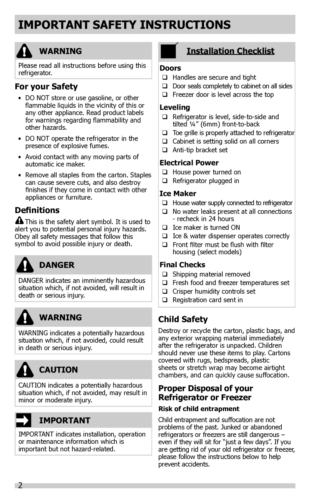 Frigidaire FFTR1821QW, FFTR1821QS, FFTR1821QB important safety instructions Important Safety Instructions 