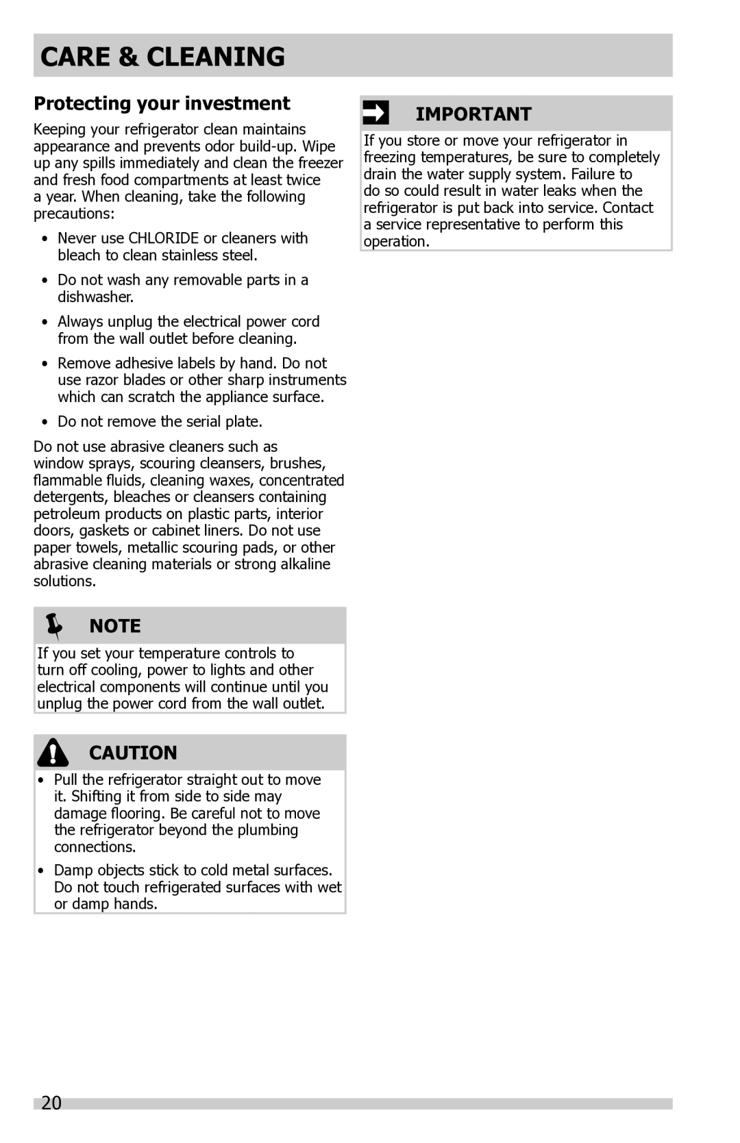 Frigidaire FFTR1821QW, FFTR1821QS, FFTR1821QB important safety instructions Care & Cleaning, Protecting your investment 