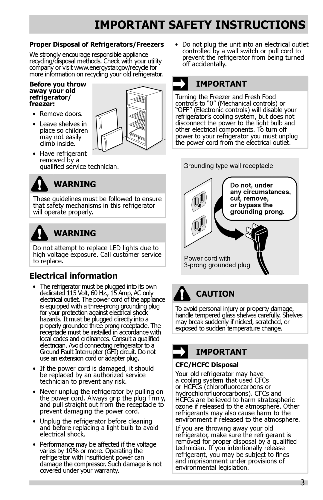 Frigidaire FFTR1821QS Electrical information, Before you throw away your old refrigerator/ freezer, CFC/HCFC Disposal 