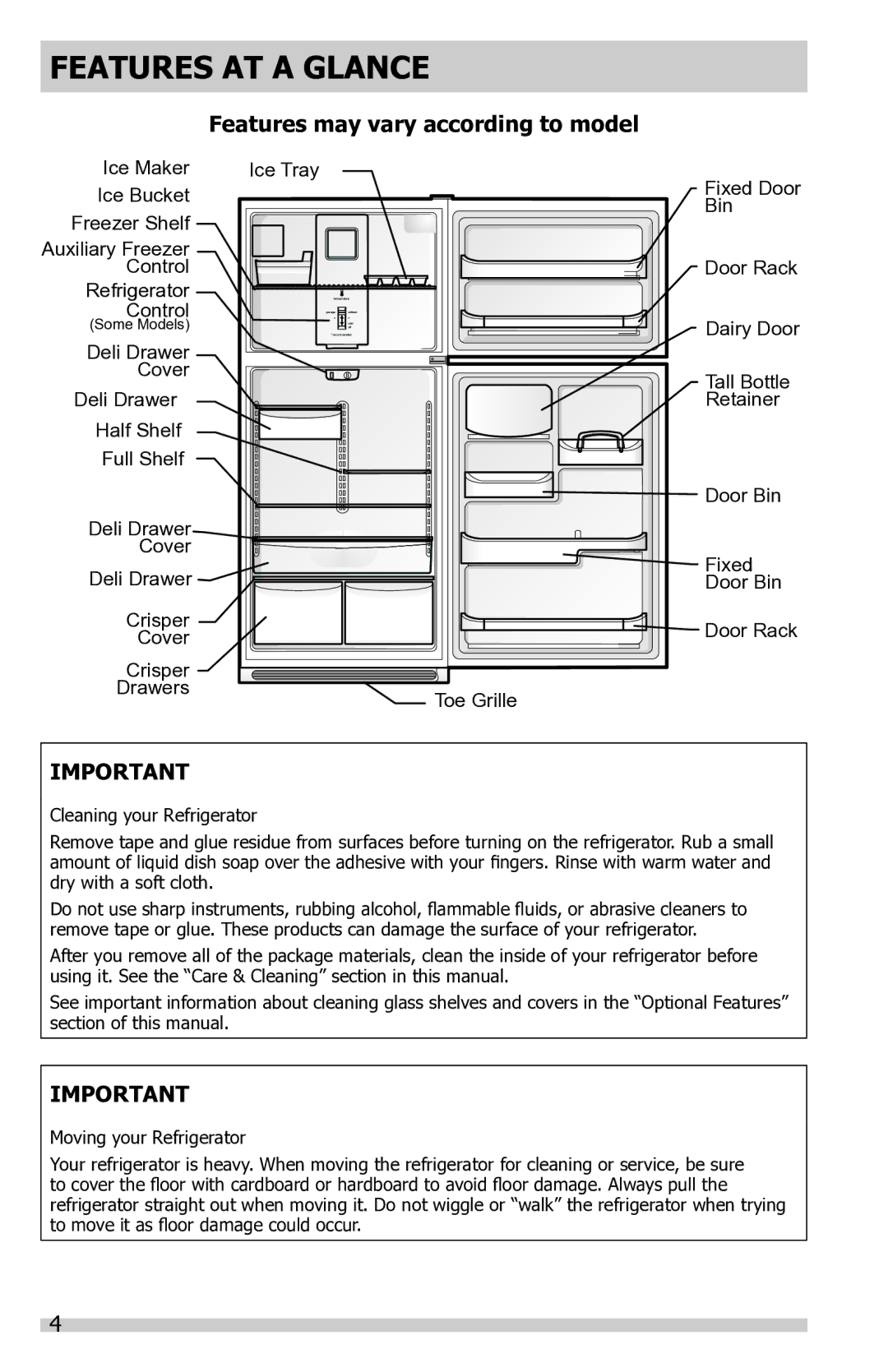 Frigidaire FFTR1821QB, FFTR1821QS, FFTR1821QW Features AT a Glance, Features may vary according to model 