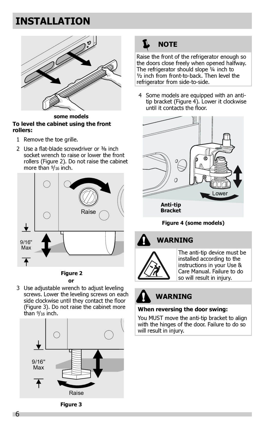 Frigidaire FFTR1821QS, FFTR1821QB, FFTR1821QW To level the cabinet using the front rollers, When reversing the door swing 