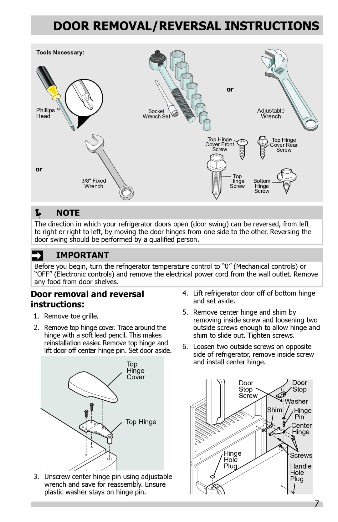 Frigidaire FFTR1821QB, FFTR1821QS, FFTR1821QW Door REMOVAL/REVERSAL Instructions, Door removal and reversal instructions 