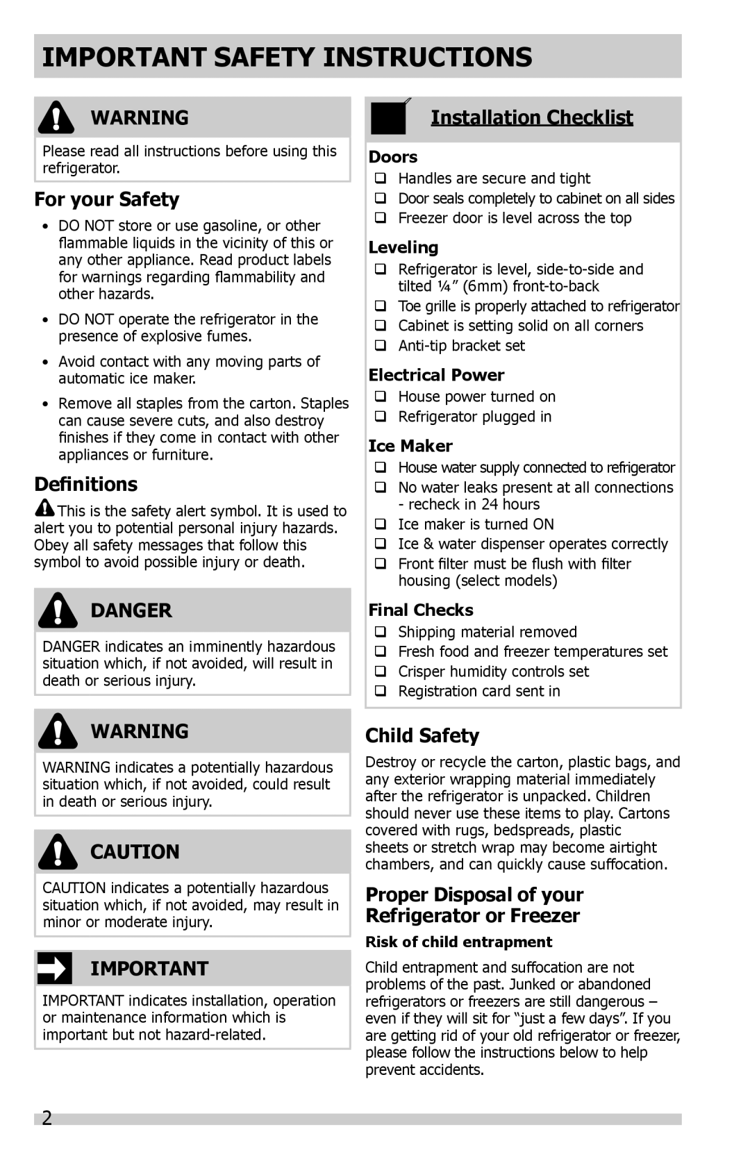 Frigidaire FFTR1821QW Important Safety Instructions, For your Safety, Definitions, Danger, Installation Checklist, Doors 