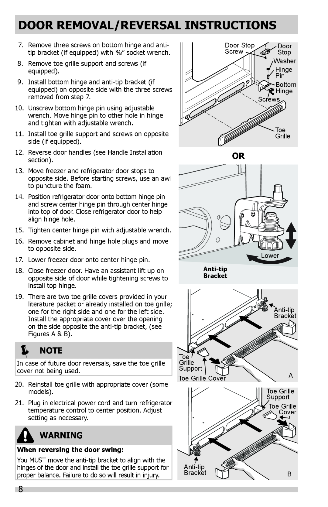 Frigidaire FFTR1821QW Door Removal/Reversal Instructions,  Note, Remove toe grille support and screws if equipped 