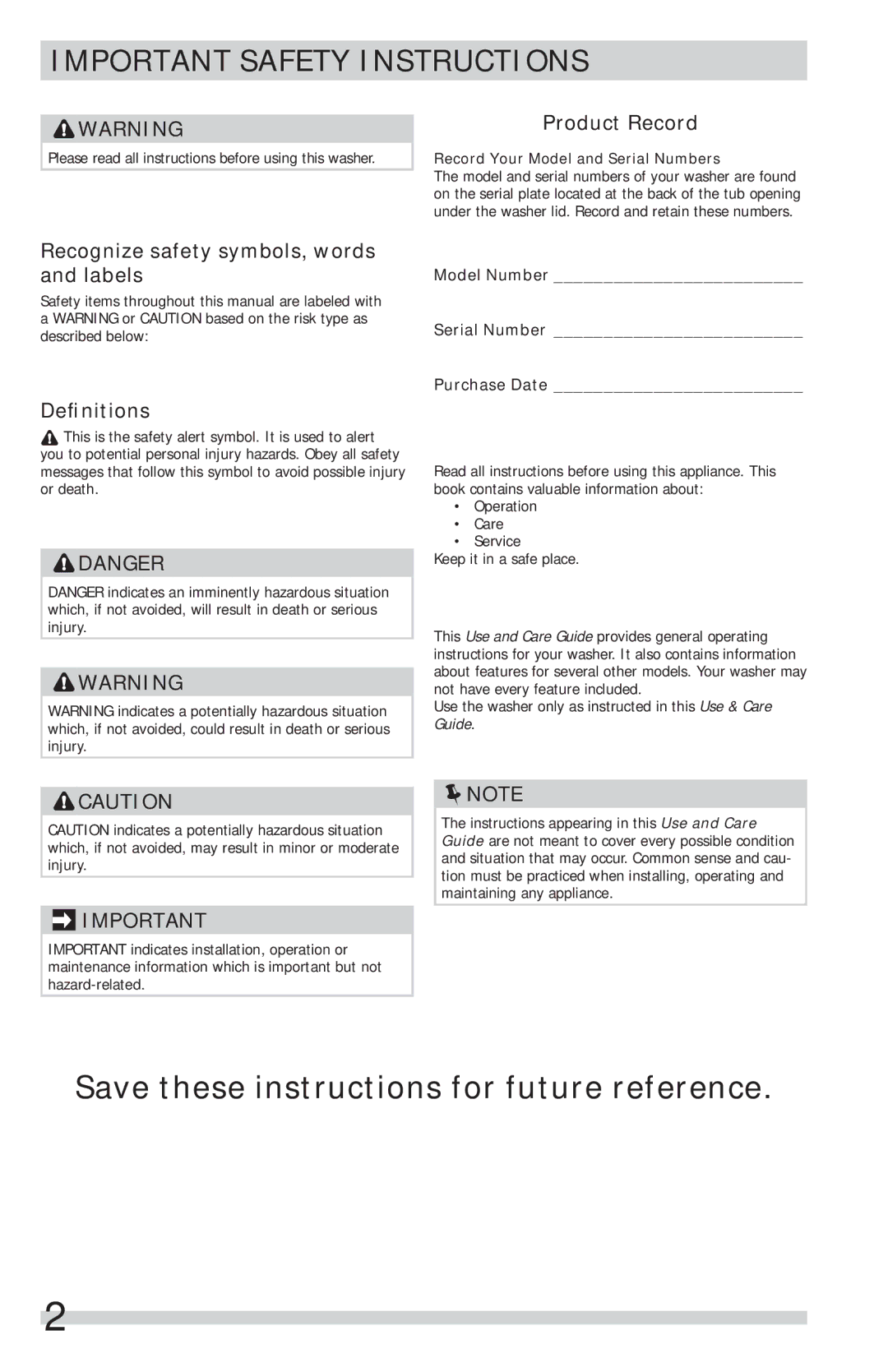 Frigidaire FFTW1001PW Important Safety Instructions, Product Record, Recognize safety symbols, words and labels 