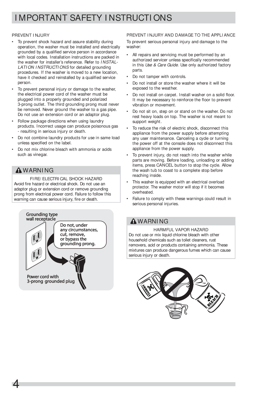 Frigidaire FFTW1001PW important safety instructions Prevent Injury and Damage to the Appliance, Harmful Vapor Hazard 