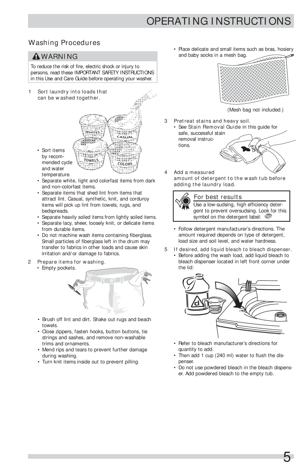 Frigidaire FFTW1001PW important safety instructions Operating Instructions, Washing Procedures, Prepare items for washing 