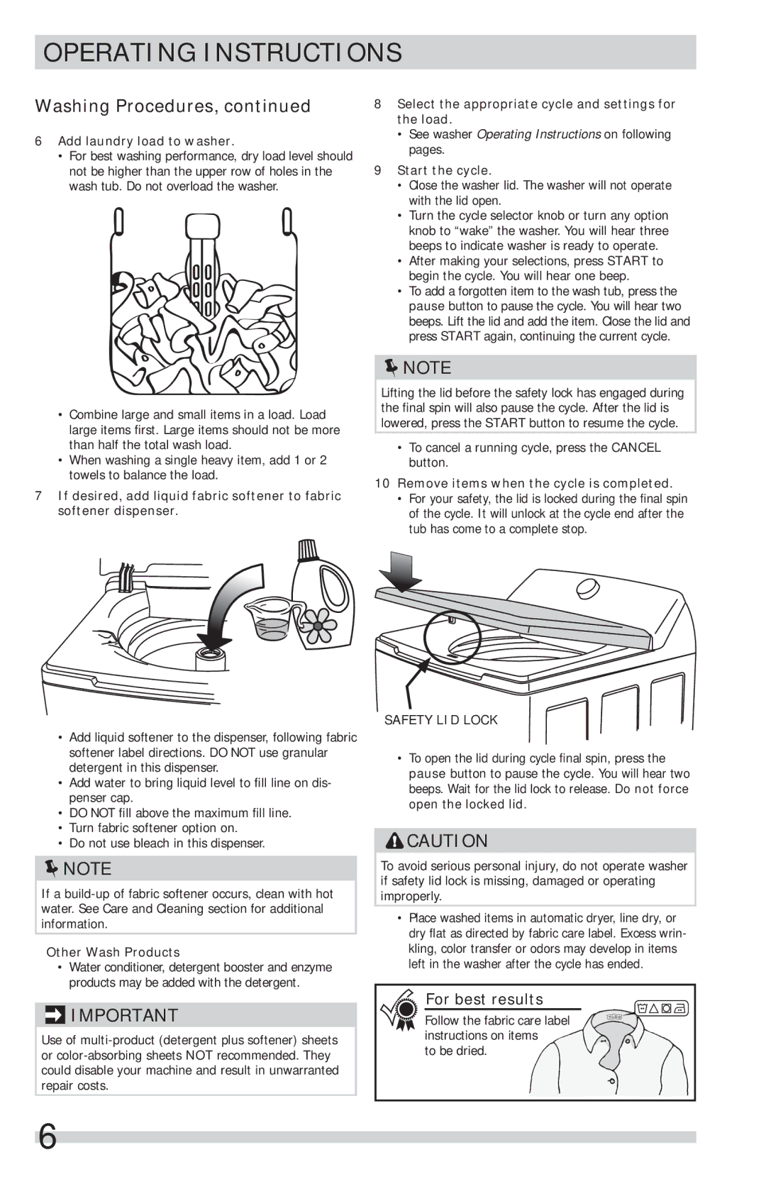 Frigidaire FFTW1001PW important safety instructions For best results, Safety LID Lock 