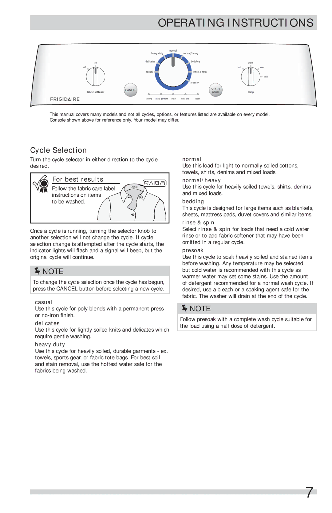 Frigidaire FFTW1001PW important safety instructions Cycle Selection 