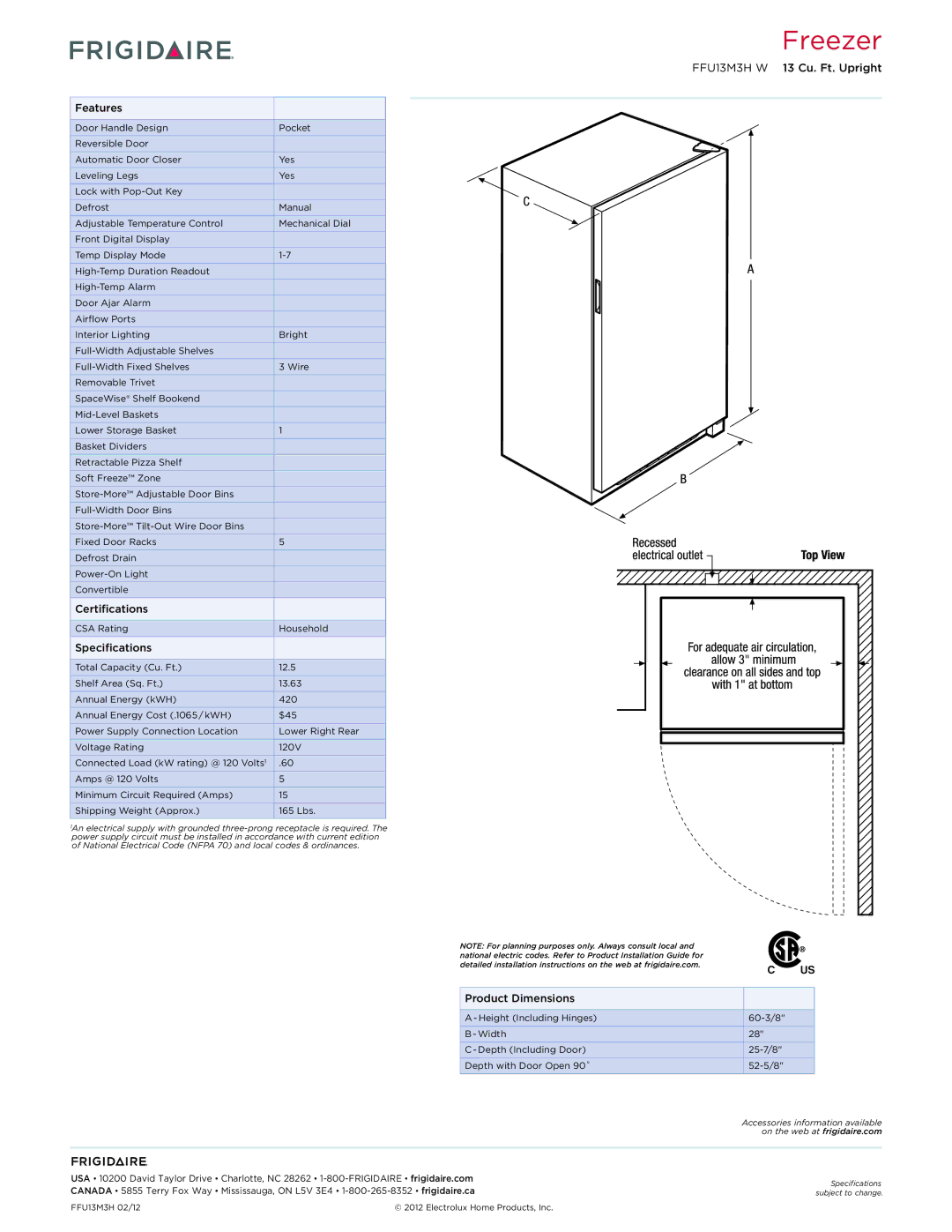 Frigidaire FFU13M3H W dimensions Features, Certifications, Specifications, Product Dimensions 