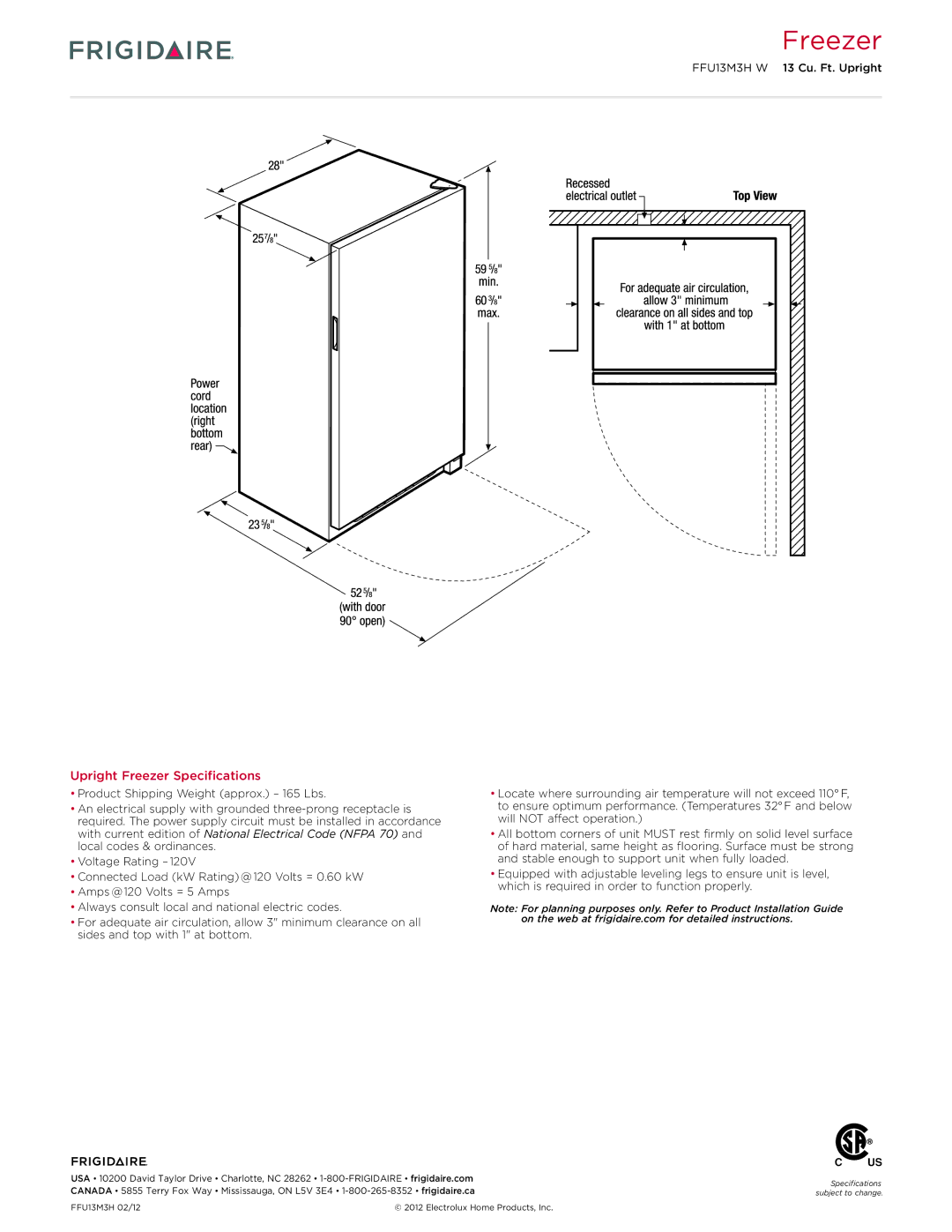 Frigidaire FFU13M3H W dimensions Upright Freezer Specifications 