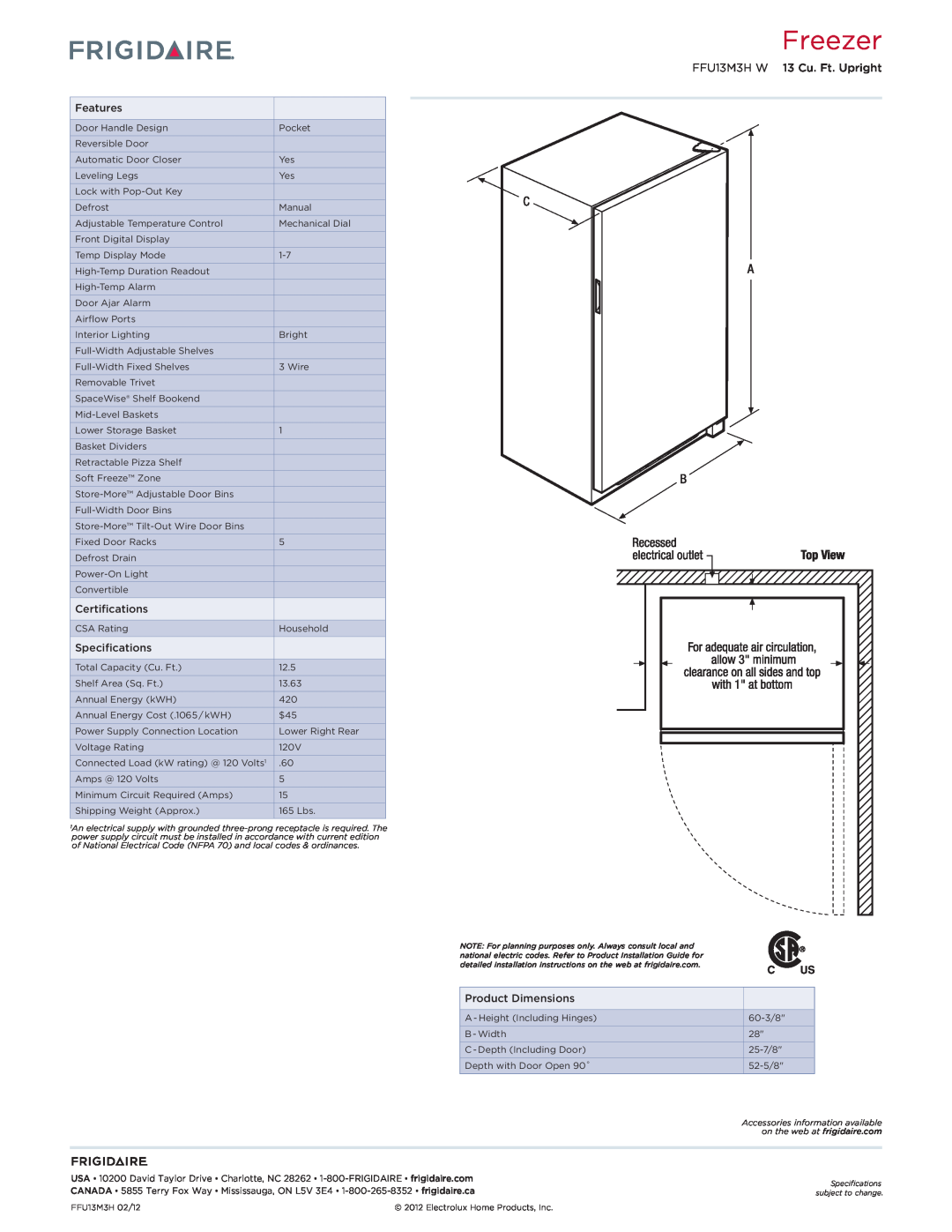Frigidaire FFU13M3H W dimensions Freezer, Features, Certifications, Specifications, Product Dimensions 