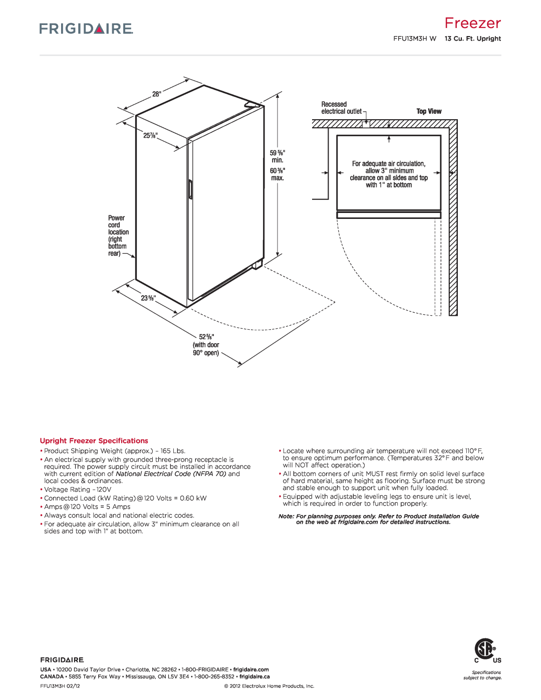 Frigidaire FFU13M3H W dimensions Upright Freezer Specifications 