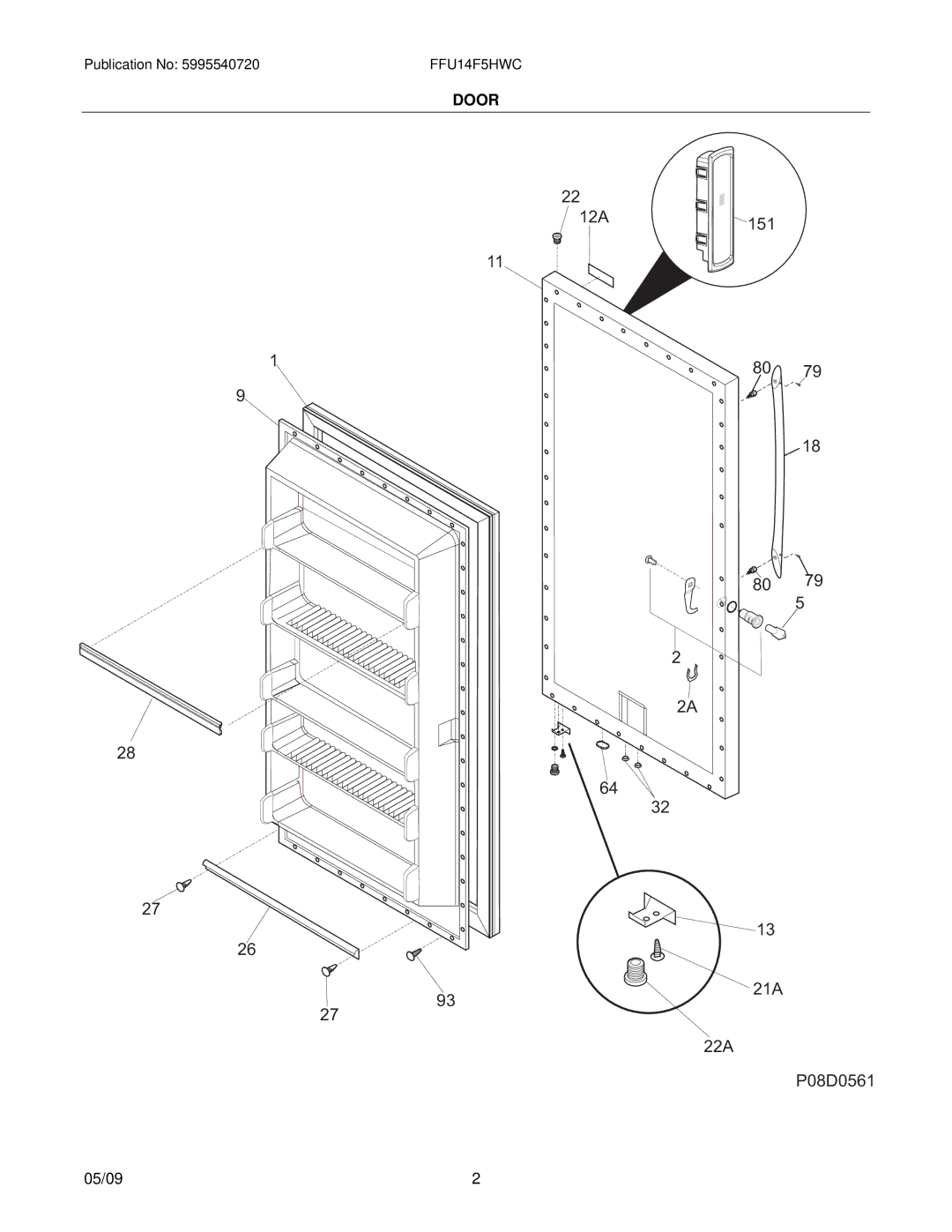 Frigidaire FFU14F5HWC manual 12A 151 21A 22A P08D0561 