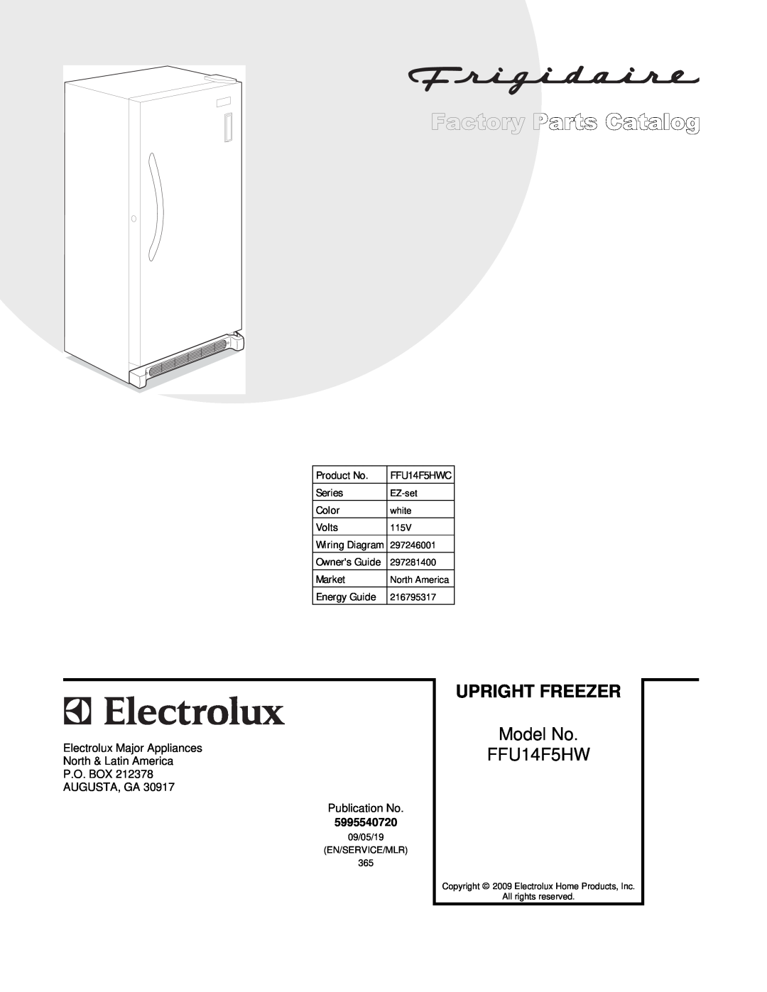 Frigidaire FFU14F5HWC manual Product No, Series, EZ-set, Color, white, Volts, 115V, 297246001, 297281400, Market 